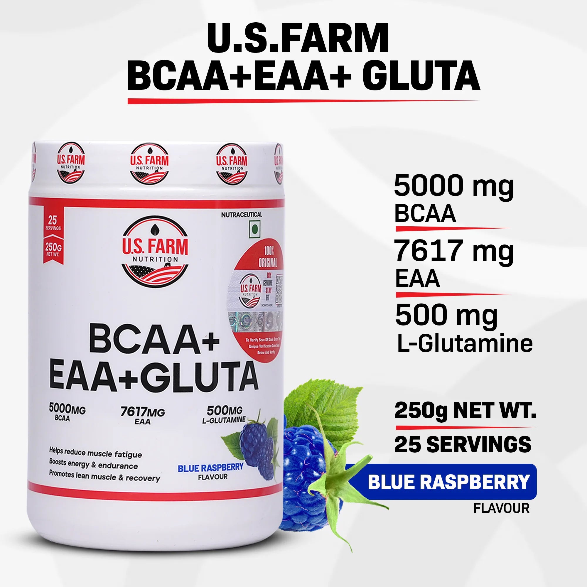 U.S Farm BCAA + EAA + Gluta (25 Servings, 250g) | Blue Raspberry,Watermelon