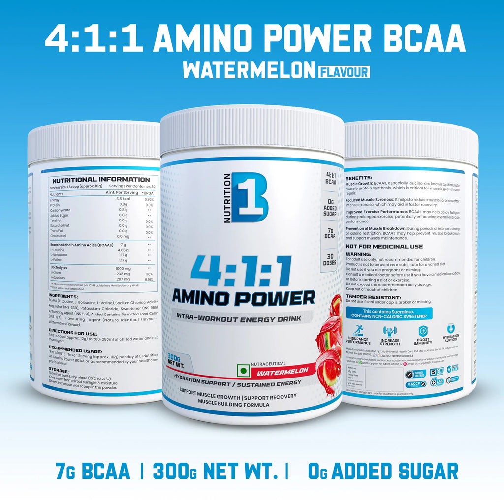 B1 Nutrition Amino Power BCAA 4:1:1 (30 Servings, 300g) | Intra-Workout Energy Drink