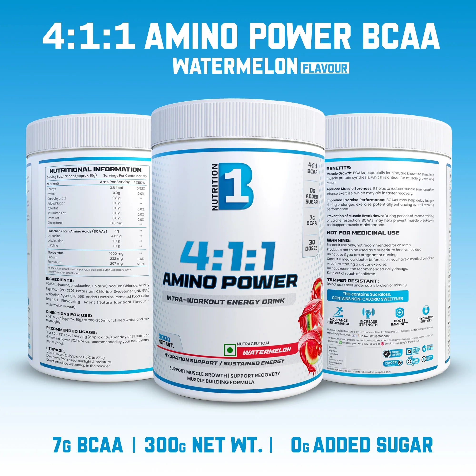B1 Nutrition Amino Power BCAA 4:1:1 (30 Servings, 300g) | Intra-Workout Energy Drink