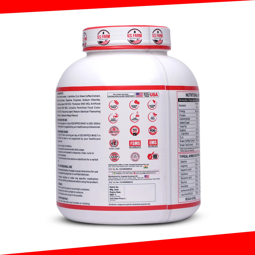 U.S. Farm ISO Ripped Whey Protein (43 Servings, 4 lbs) | Alphonso Mango