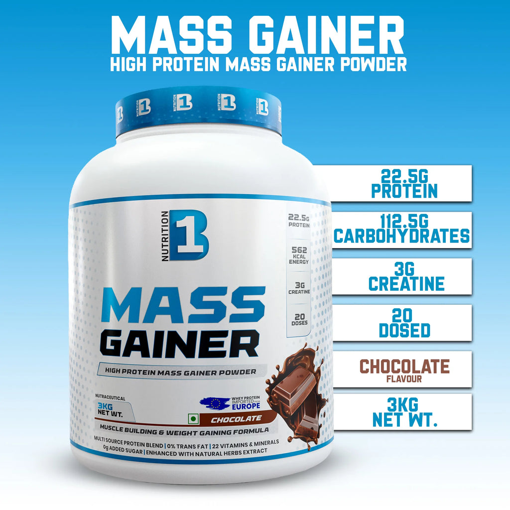 B1 Nutrition Mass Gainer Powder (3 kg, 20 Servings) | Chocolate & Mango Flavours