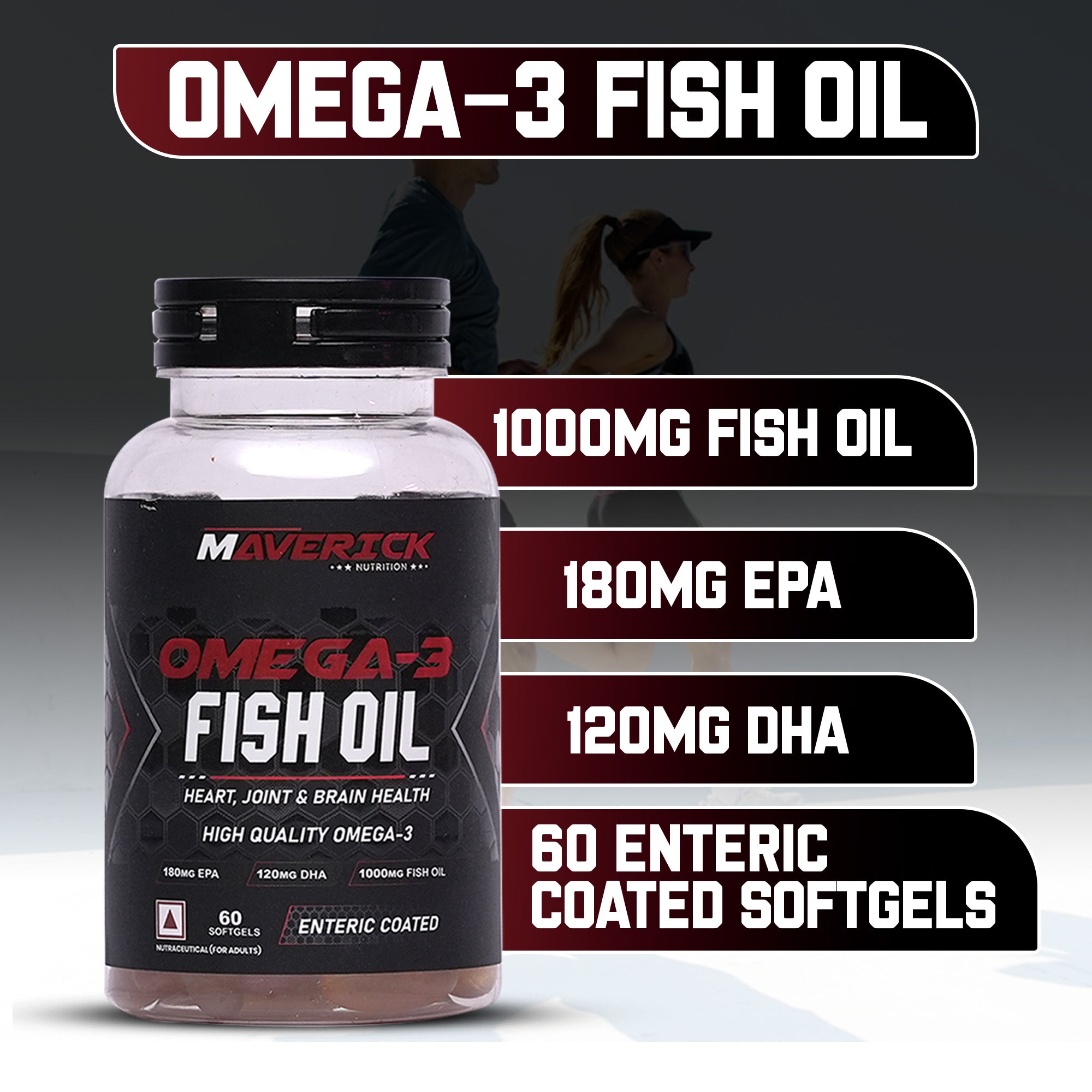 Maverick Nutrition Omega-3 Fish Oil (60 Softgels) | 1000 mg Fish Oil | 180 mg EPA + 120 mg DHA | Enteric Coated