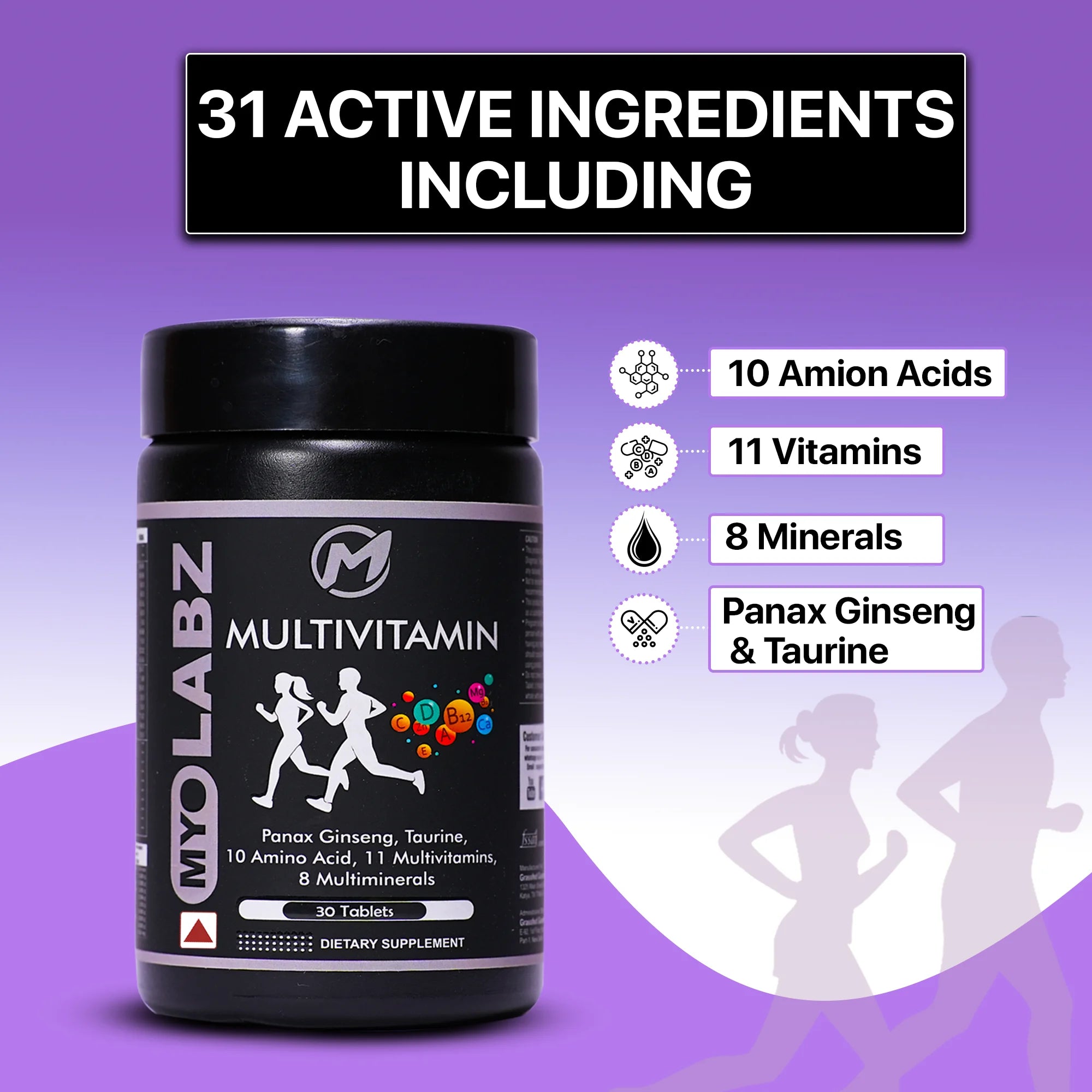 Myolabz Multivitamin Tablets (30 Tablets) | Vitamins, Minerals, Amino Acids with Ginseng