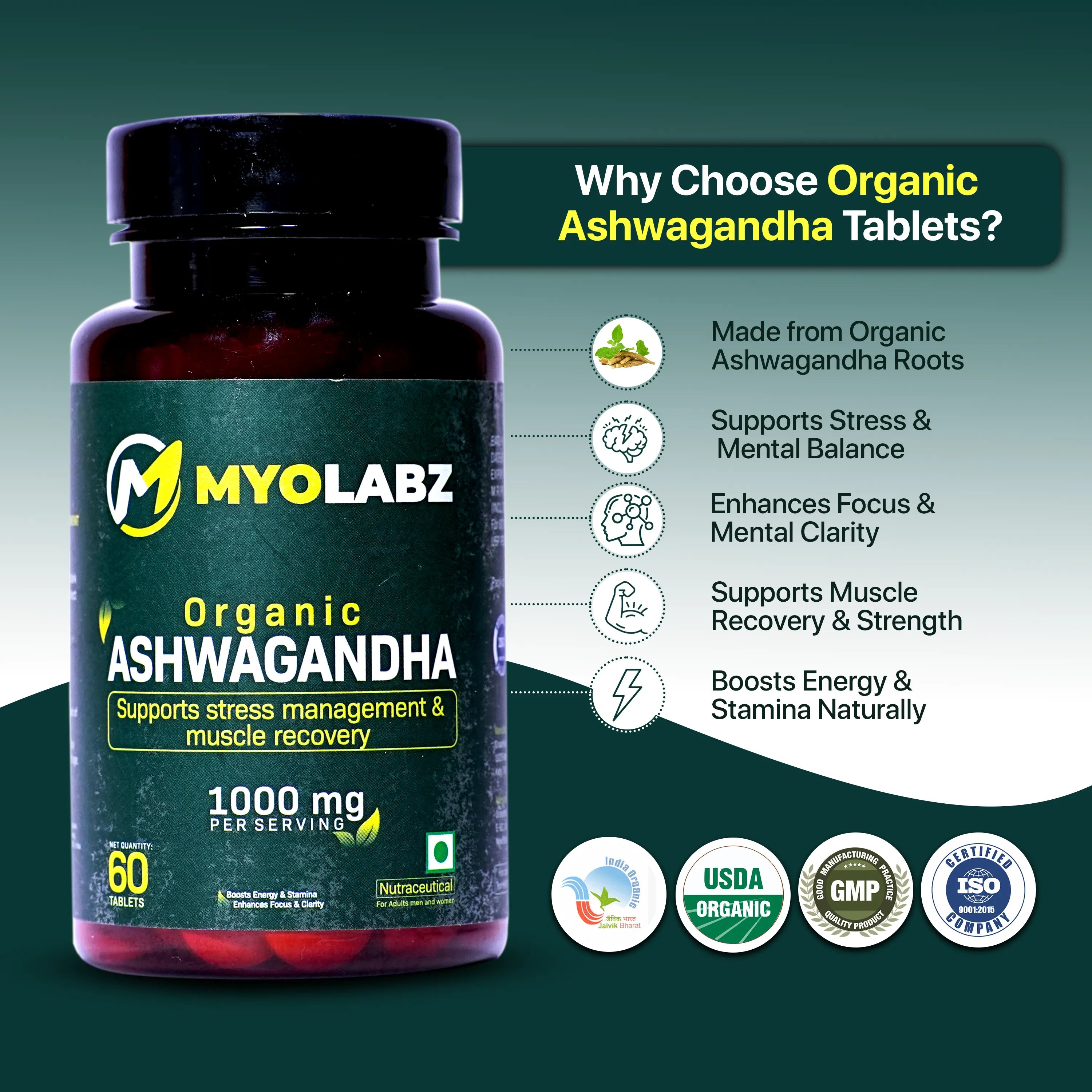 Myolabz Organic Ashwagandha Tablets (60 Tablets) | Supports Stress Management & Muscle Recovery