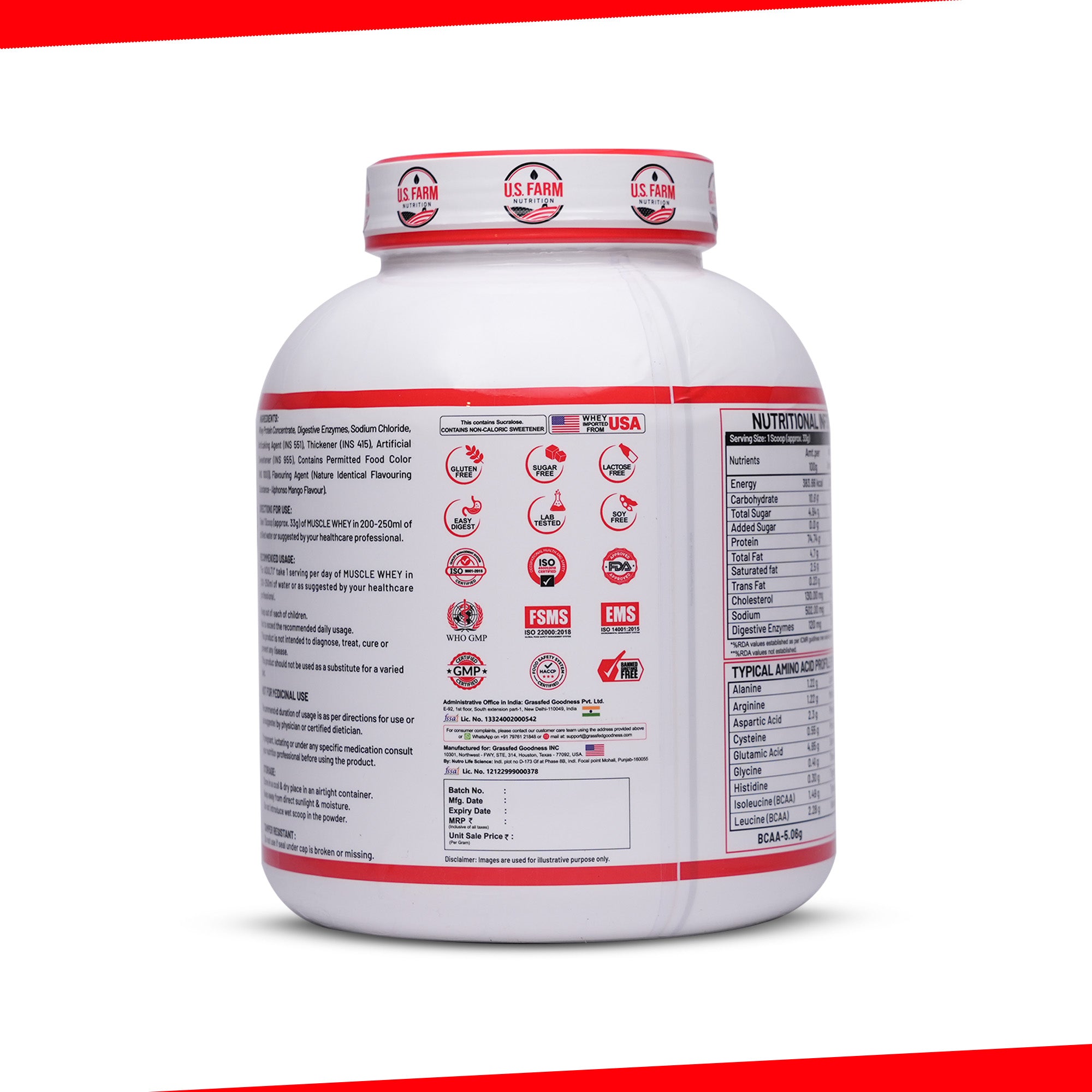 U.S. Farm Muscle Whey Protein (54 Servings, 4 lbs) | Alphonso Mango