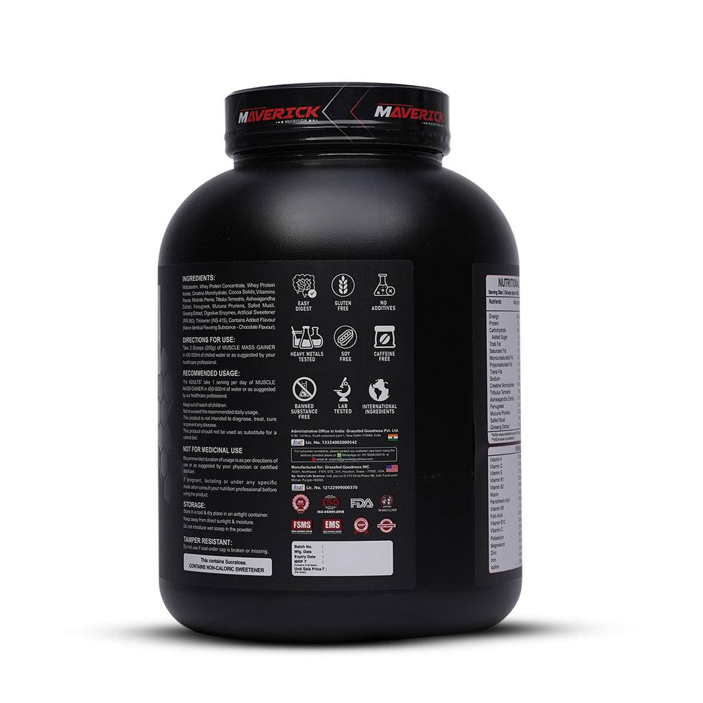 Maverick Nutrition Muscle Mass Gainer (15 Servings, 3kg) | Chocolate Flavour | High Protein Mass Gainer Powder