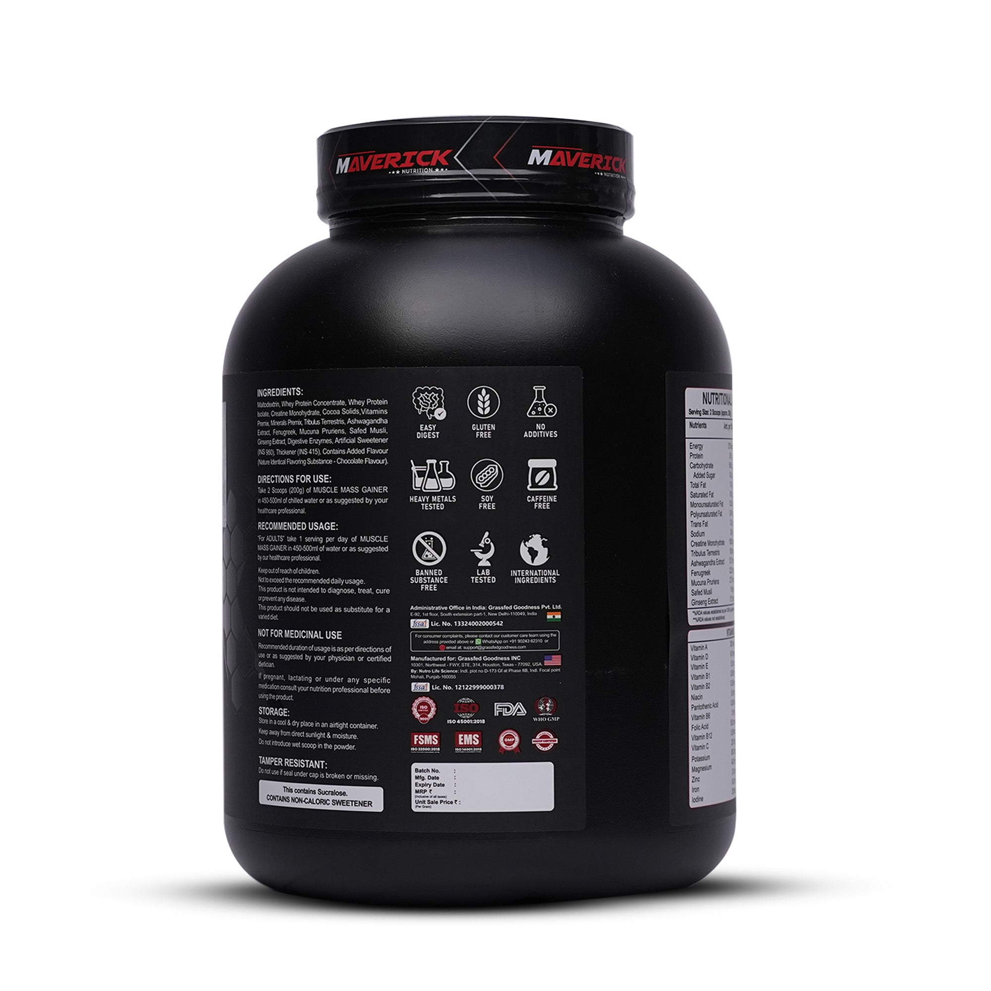 Maverick Nutrition Muscle Mass Gainer (15 Servings, 3kg) | Chocolate Flavour | High Protein Mass Gainer Powder
