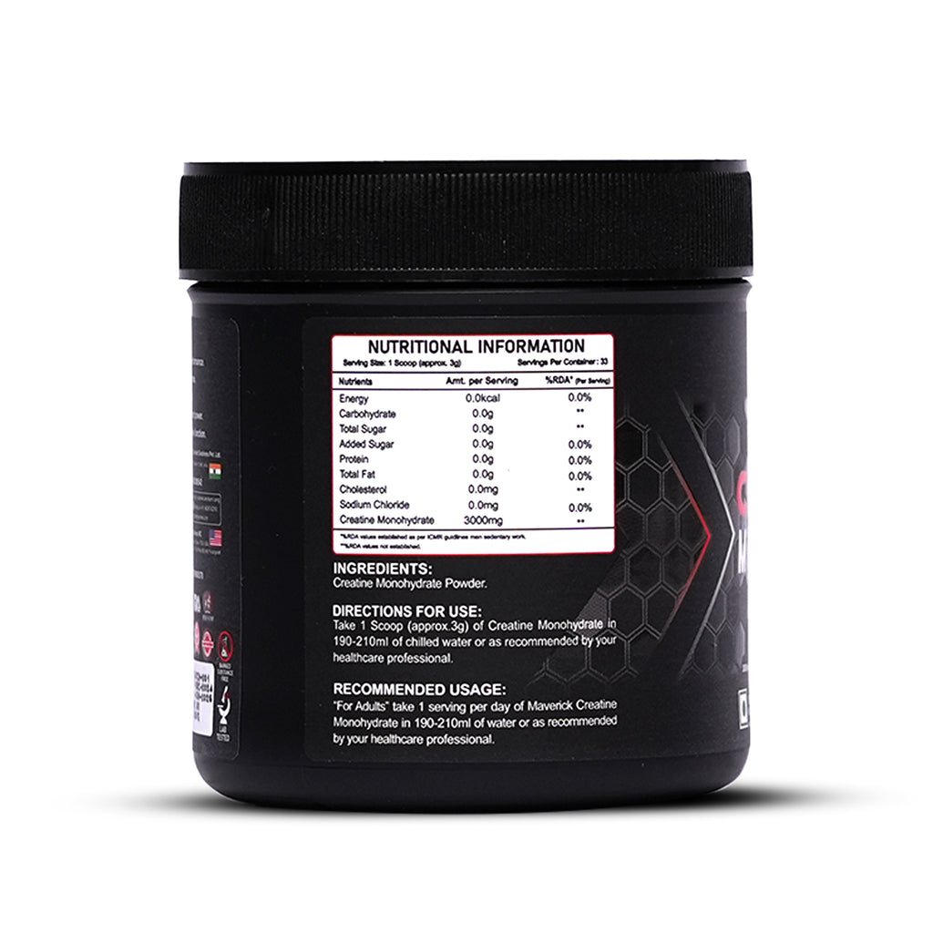Maverick Nutrition Micronised Creatine Monohydrate (100g | 33 Servings) | Unflavoured | 3000 mg Creatine per Serving