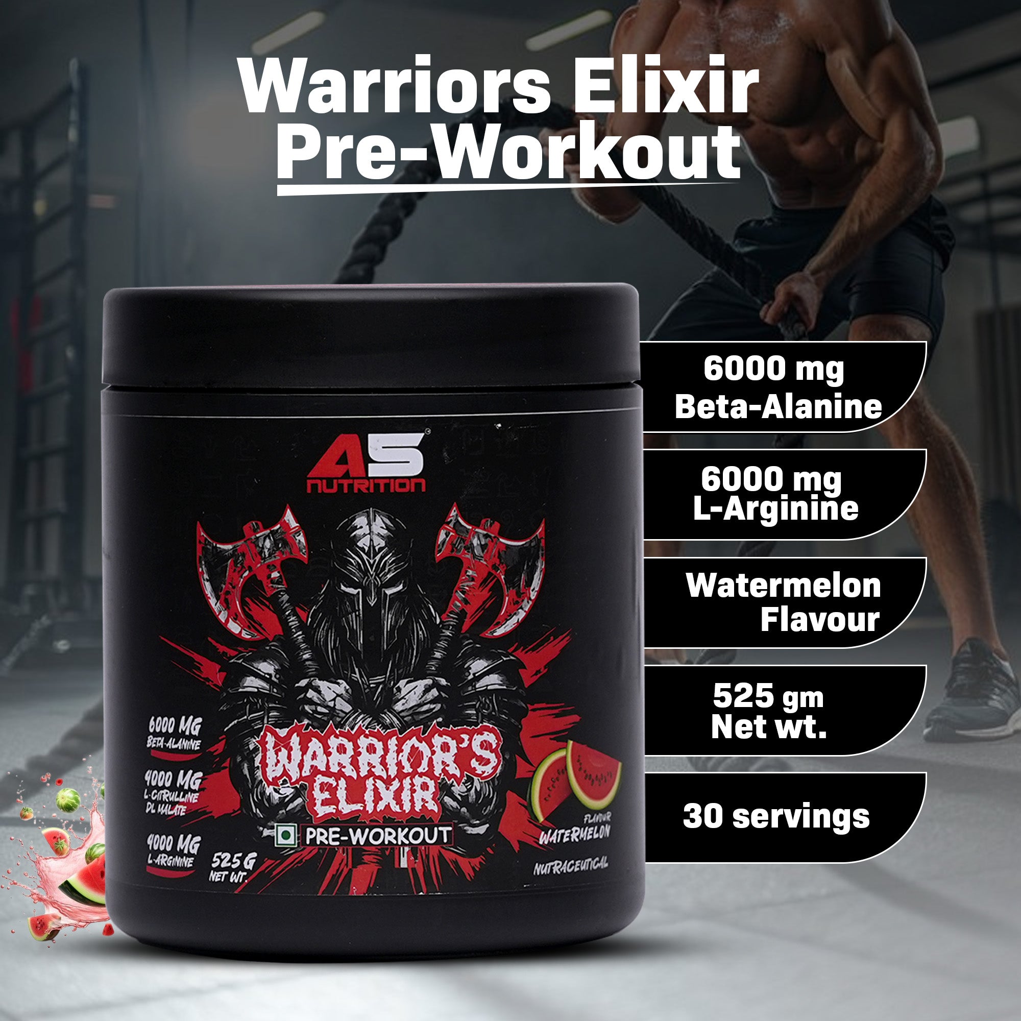 A5 Nutrition Warrior's Elixir Pre-Workout (525 g, 30 Servings) | Watermelon & Blue Raspberry Flavours
