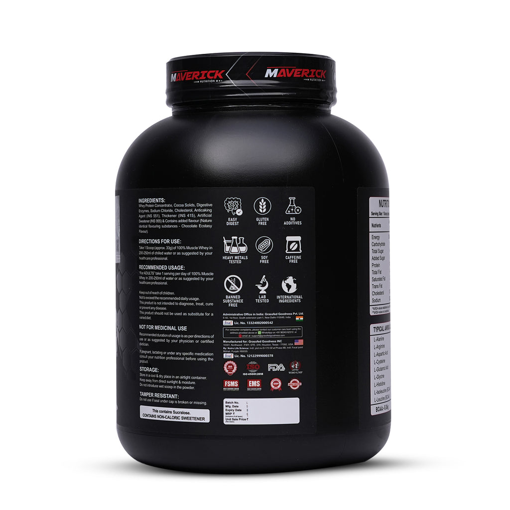 Maverick Nutrition 100% Muscle Whey Protein (60 Servings, 2kg) | Chocolate Ecstasy Flavour