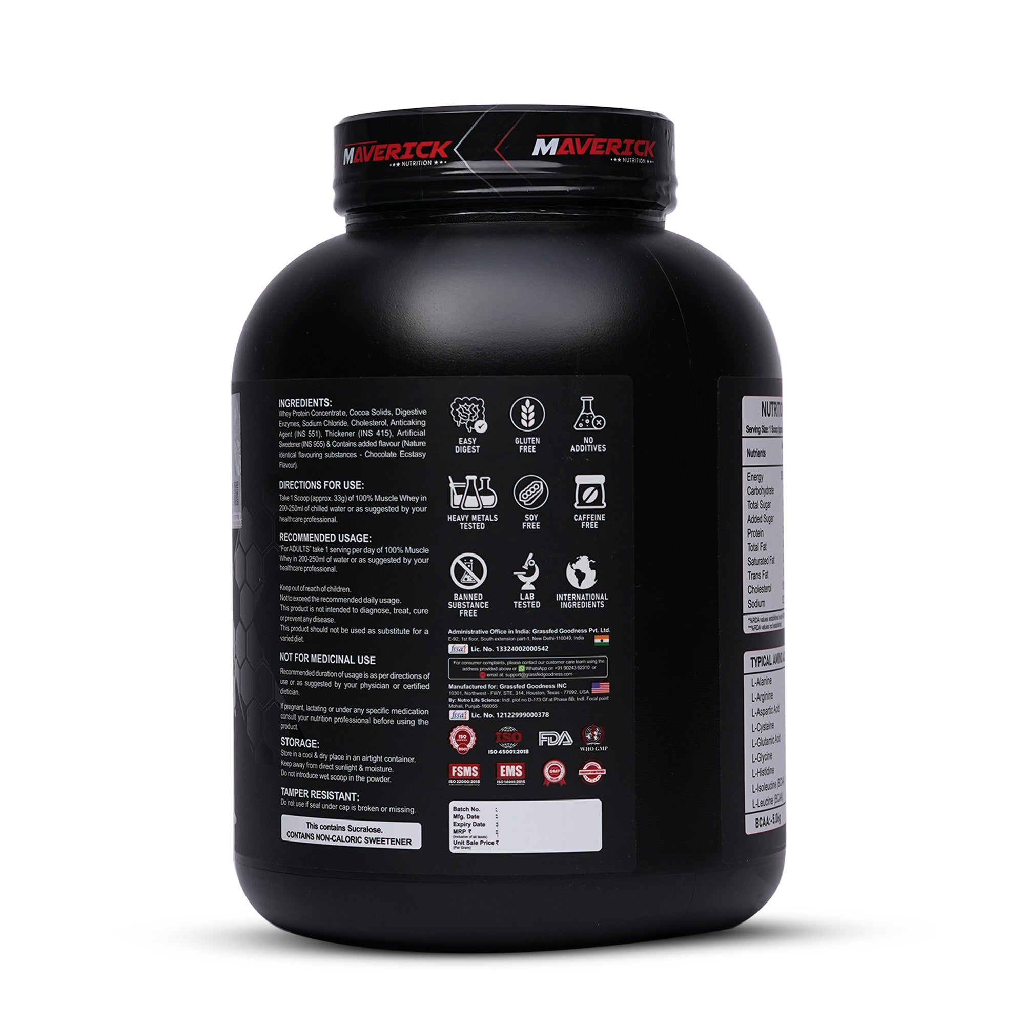 Maverick Nutrition 100% Muscle Whey Protein (60 Servings, 2kg) | Chocolate Ecstasy Flavour