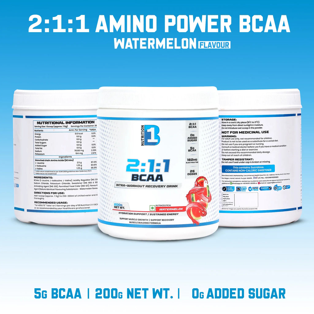 B1 Nutrition BCAA 2:1:1 Intra-Workout Drink (Watermelon Flavour, 200 g)