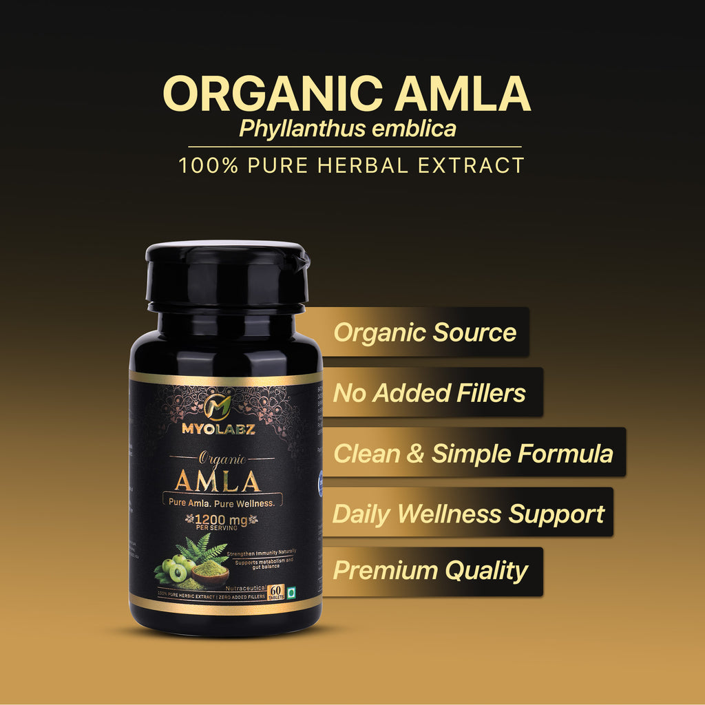 MYOLABZ Organic Amla Supplement Tablets – 1200 mg Per Serving – USDA Certified Organic – Strengthens Immunity, Supports Metabolism & Gut Balance – 60 Tablets