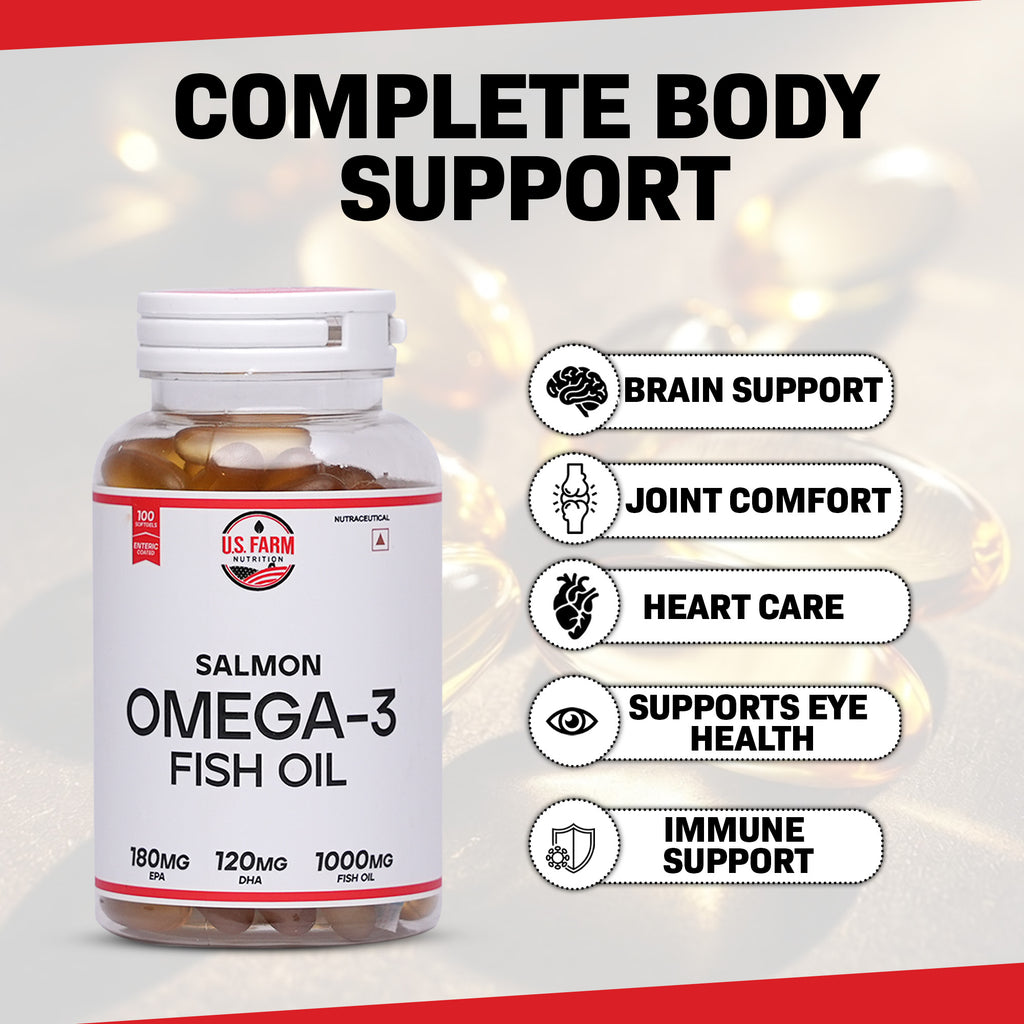 U.S. Farm Salmon Omega-3 Fish Oil (100 Softgels, 1000mg) | EPA 180mg & DHA 120mg