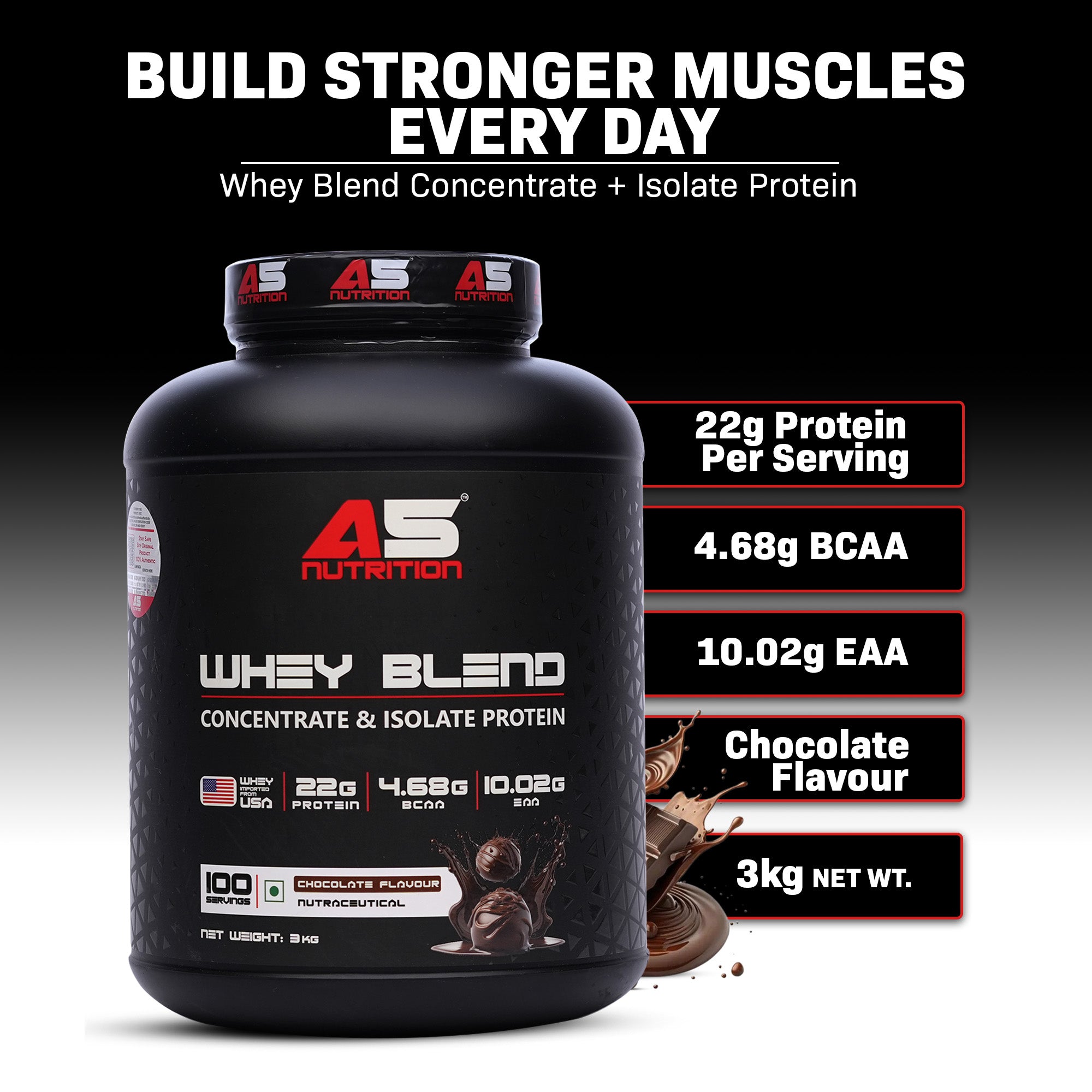 A5 Nutrition Whey Blend Protein (3 kg, 100 Servings) | Chocolate Flavour | Whey Concentrate & Isolate