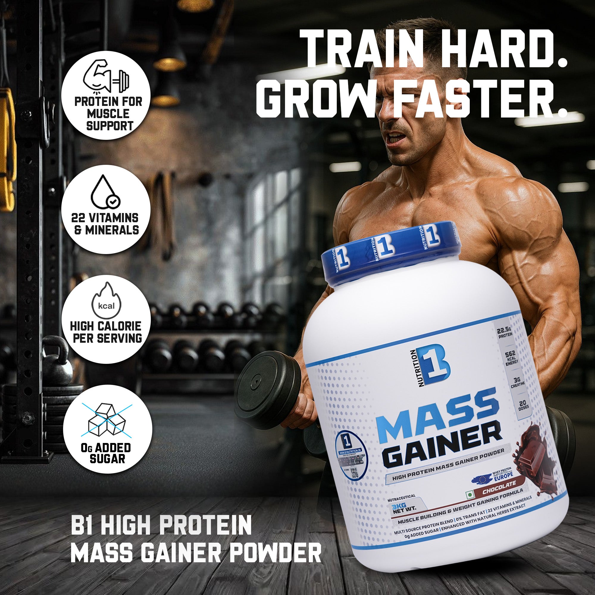 B1 Nutrition Mass Gainer Powder (3 kg, 20 Servings) | Chocolate & Mango Flavours