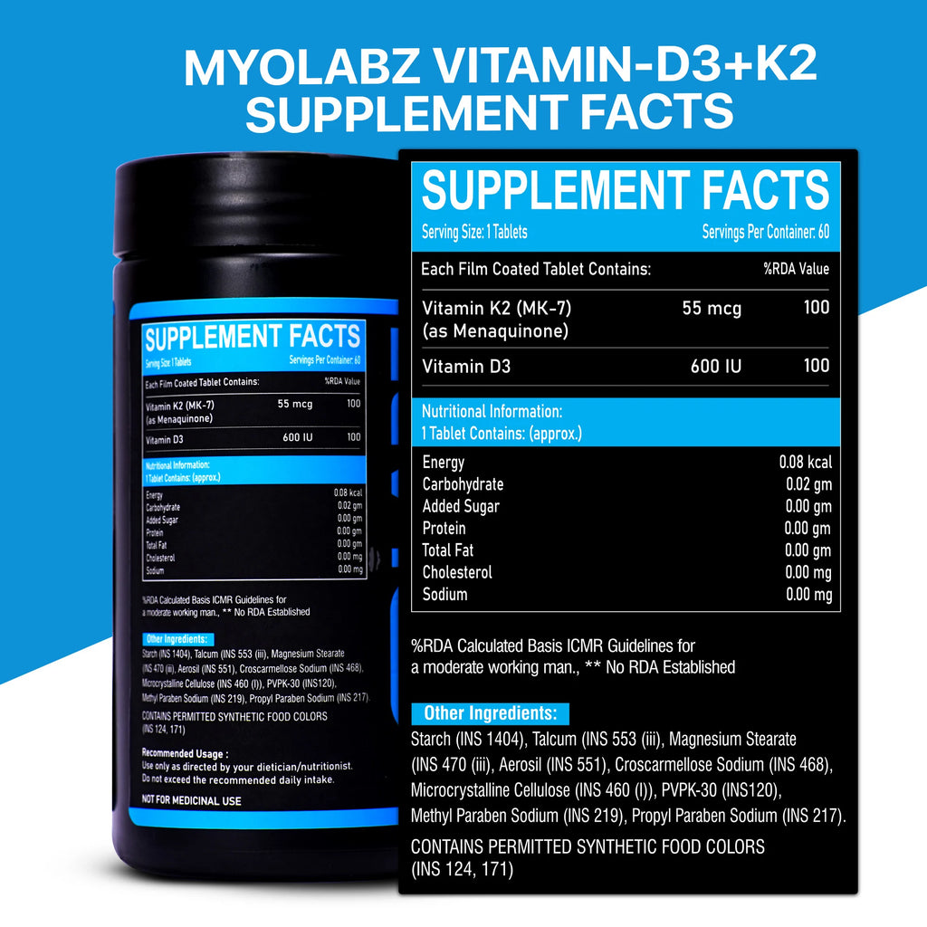 Myolabz Vitamin D3 + K2 (MK-7) Tablets (60 Tablets) | Bone Health & Immunity Support