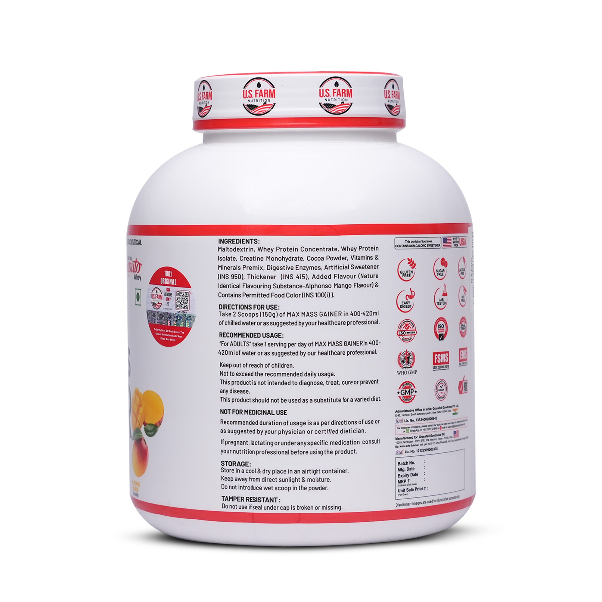 U.S. Farm Max Mass Gainer (18 Servings, 2.7 kg) | Alphonso Mango