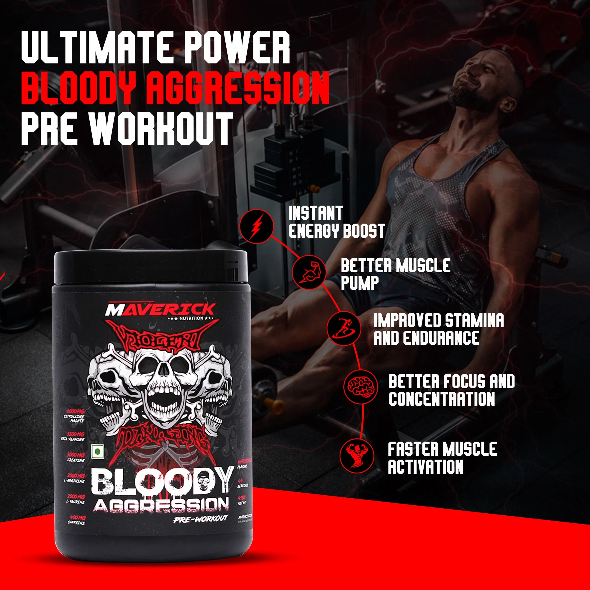 Maverick Bloody Aggression Pre-Workout (Watermelon, 44 Servings, 418g)