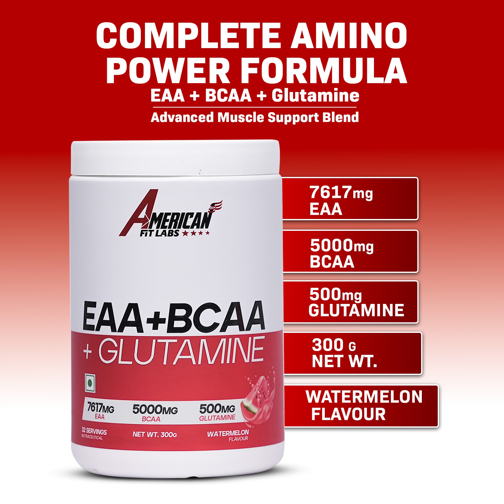 American Fit Labs EAA + BCAA + Glutamine (32 Servings, 300g) | Watermelon