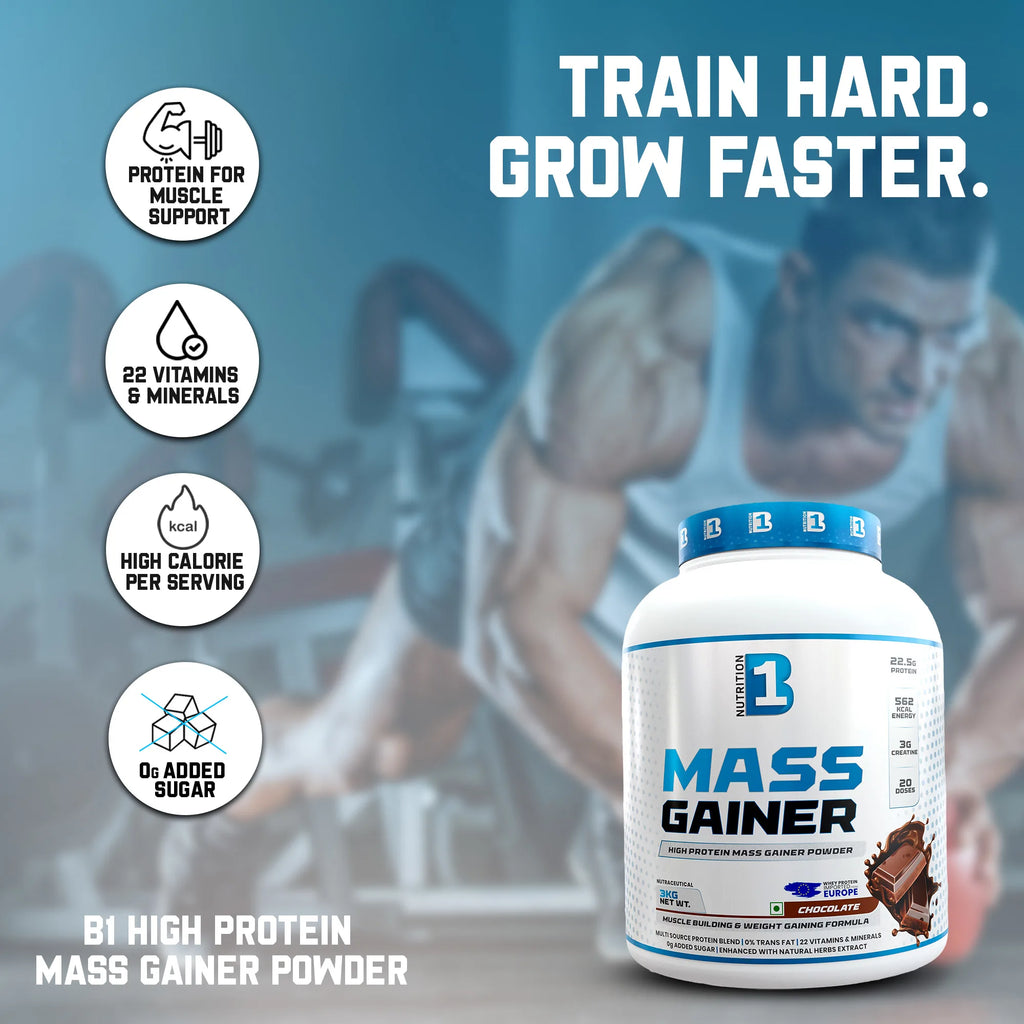 B1 Nutrition Mass Gainer Powder (3 kg, 20 Servings) | Chocolate & Mango Flavours