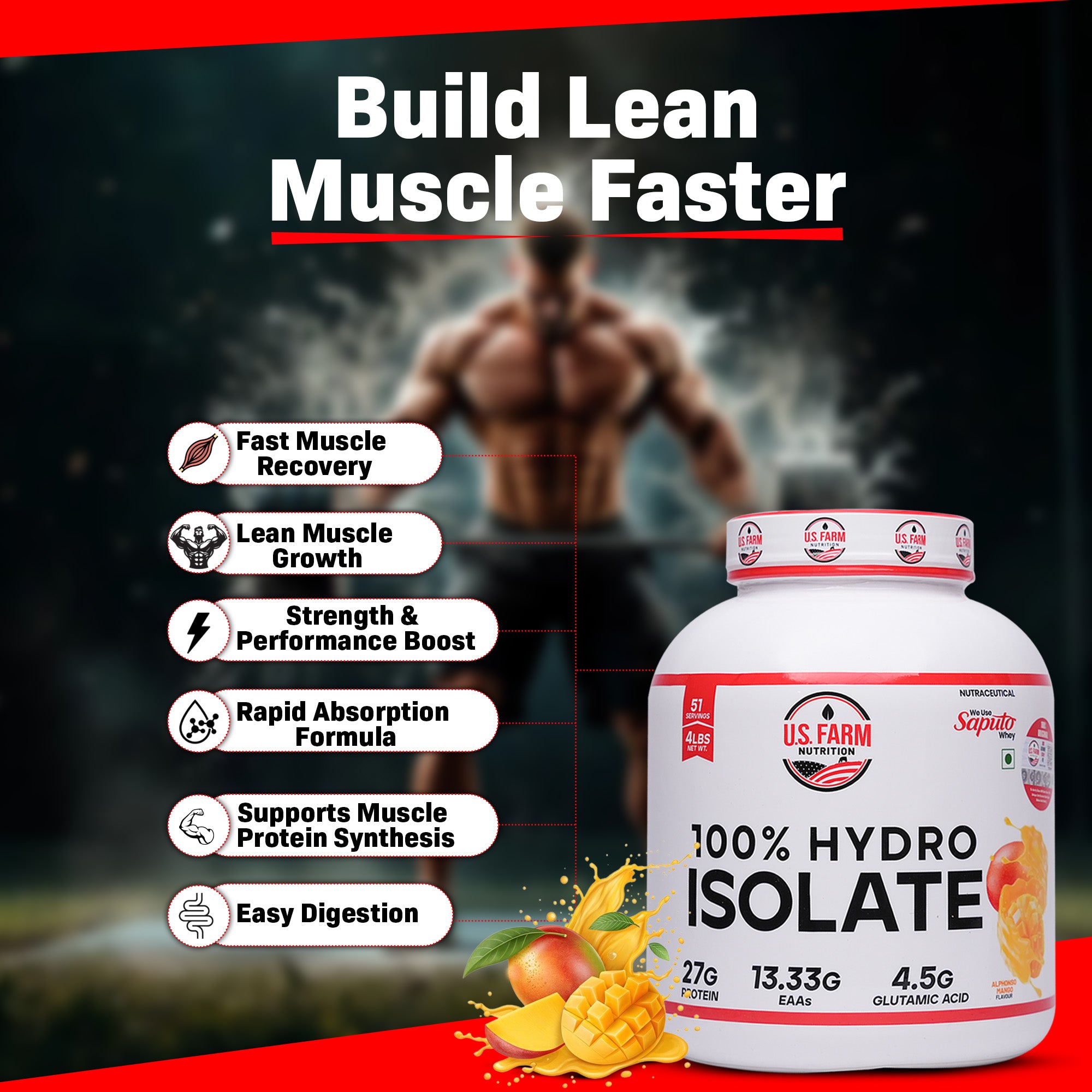 U.S. Farm 100% Hydro Isolate Whey Protein (51 Servings, 4 lbs) | Alphonso Mango