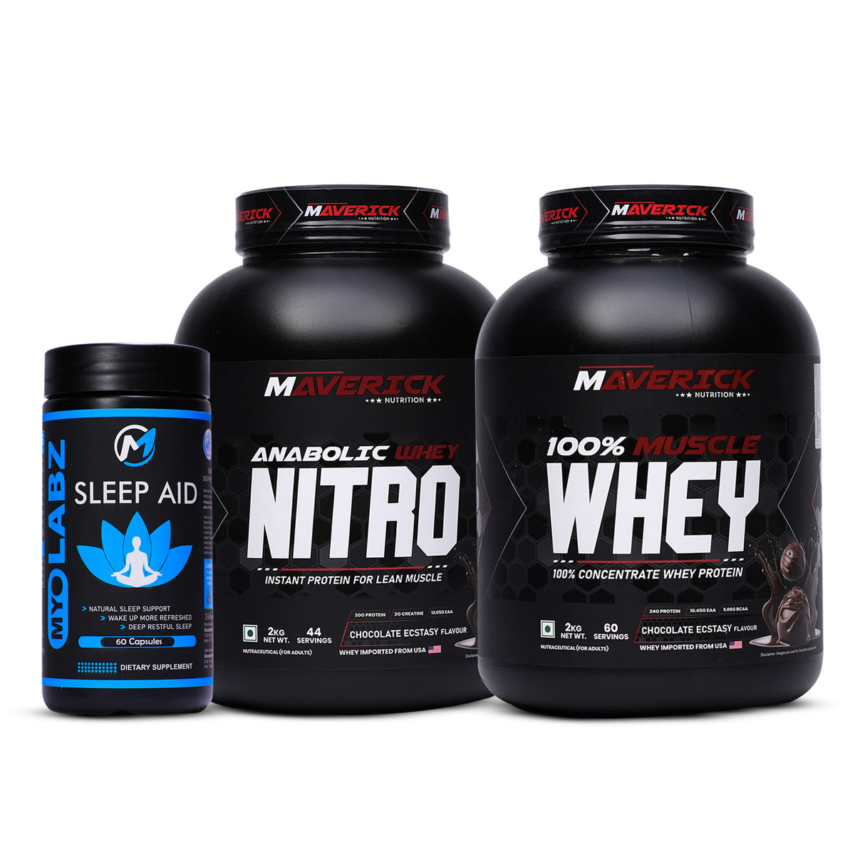 9-PRODUCT MAVERICK MUSCLE & RECOVERY PREMIUM COMBO — Maverick 100% Muscle Whey 2 KG × 3 • Maverick Anabolic Whey Nitro 2 KG × 1 • MyoLabz Sleep Aid 60 × 5