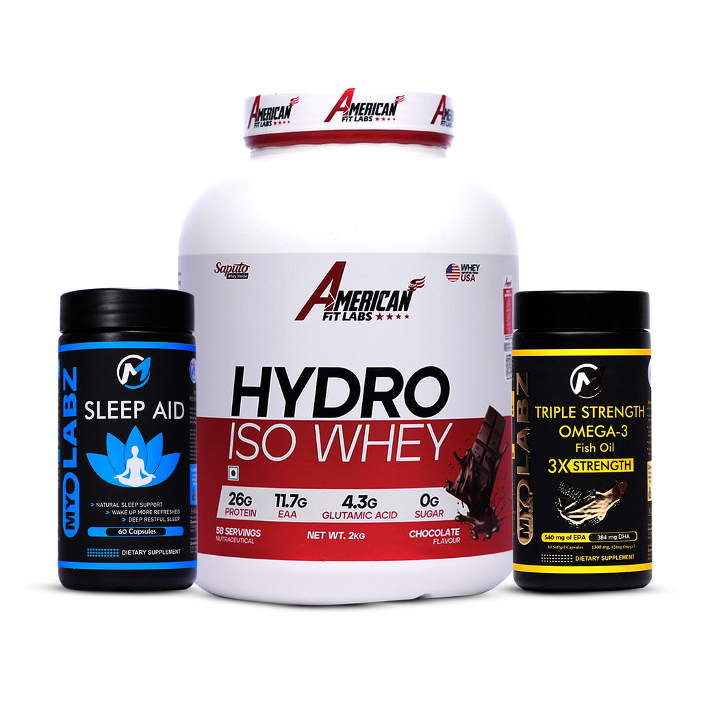 11-PRODUCT HYDRO ISO PREMIUM CLEARANCE STACK — American Fit Labs Hydro Iso Whey 2 KG × 3 • MyoLabz Triple Strength Fish Oil 60 × 4 • MyoLabz Sleep Aid 60 × 4