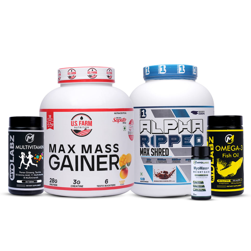 25-PRODUCT WEIGHT GAIN BULK BLAST — US Farm Max Mass Gainer 2.7 kg × 6 • B1 Ultra Whey Protein 2 kg × 1 • MyoLabz MyoMass+ Weight Gain 60 Tablets × 6 • MyoLabz Regular Multivitamin 60 Tablets × 6 • MyoLabz Regular Omega-3 60 Softgels × 6