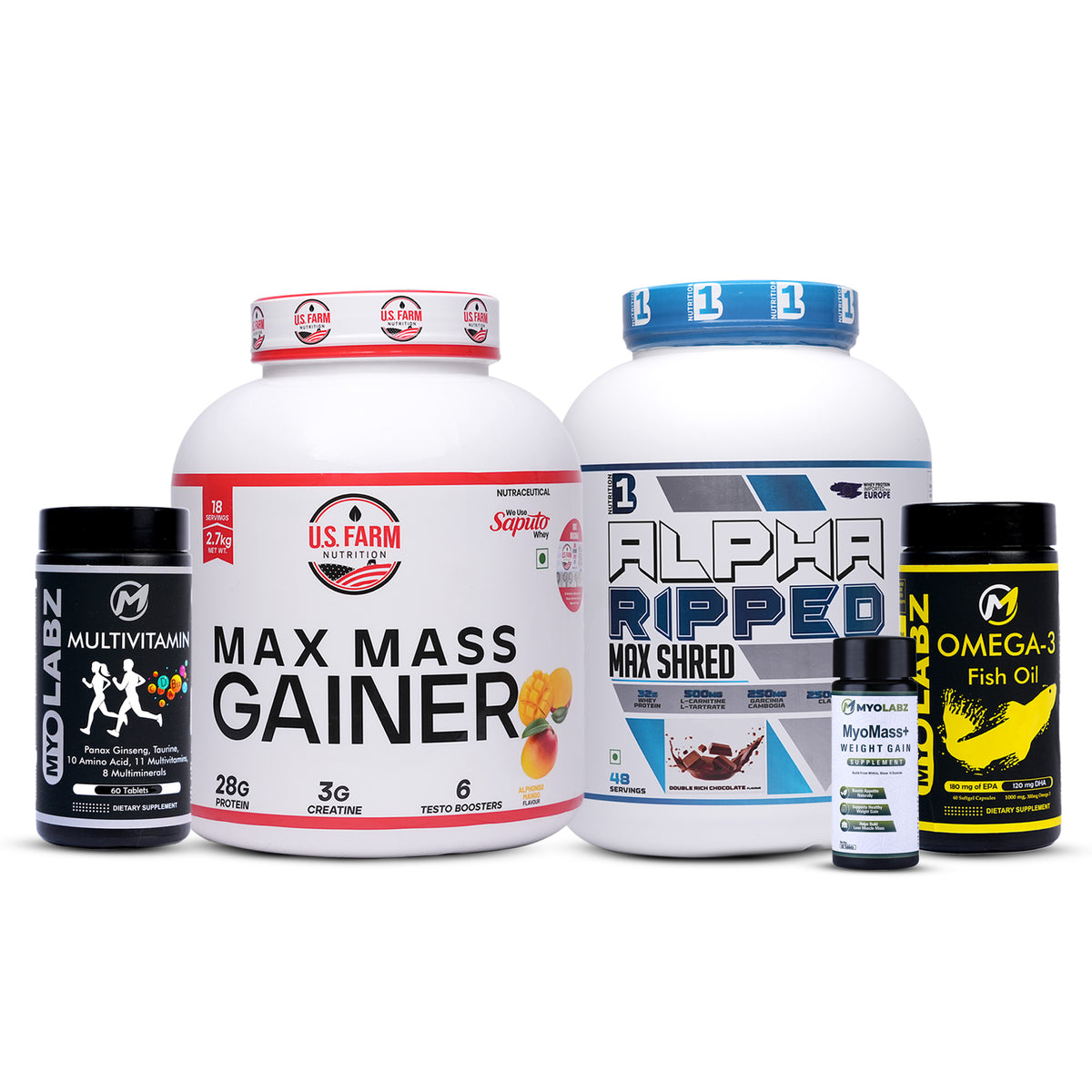 25-PRODUCT WEIGHT GAIN BULK BLAST — US Farm Max Mass Gainer 2.7 kg × 6 • B1 Ultra Whey Protein 2 kg × 1 • MyoLabz MyoMass+ Weight Gain 60 Tablets × 6 • MyoLabz Regular Multivitamin 60 Tablets × 6 • MyoLabz Regular Omega-3 60 Softgels × 6