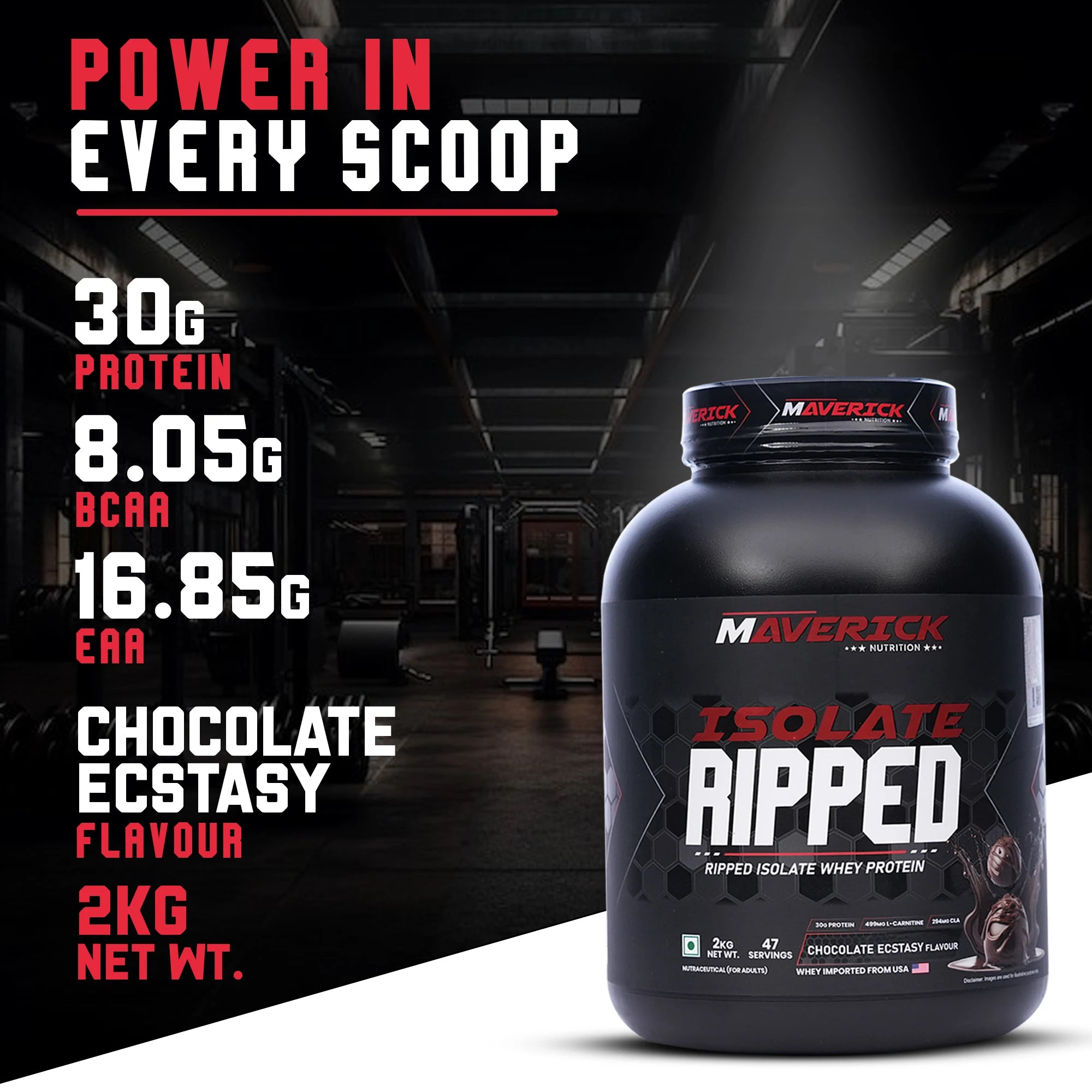 Maverick Nutrition Isolate Ripped Whey Protein 2kg (Chocolate Ecstasy) | 30g Protein | 47 Servings