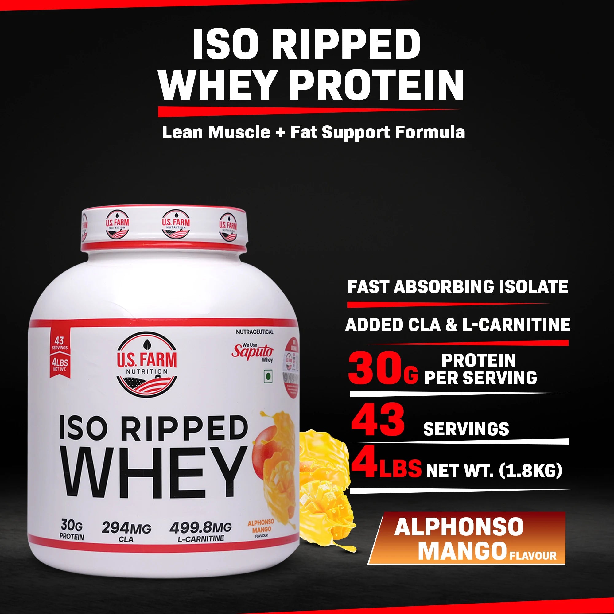 U.S. Farm ISO Ripped Whey Protein (43 Servings, 4 lbs) | Alphonso Mango