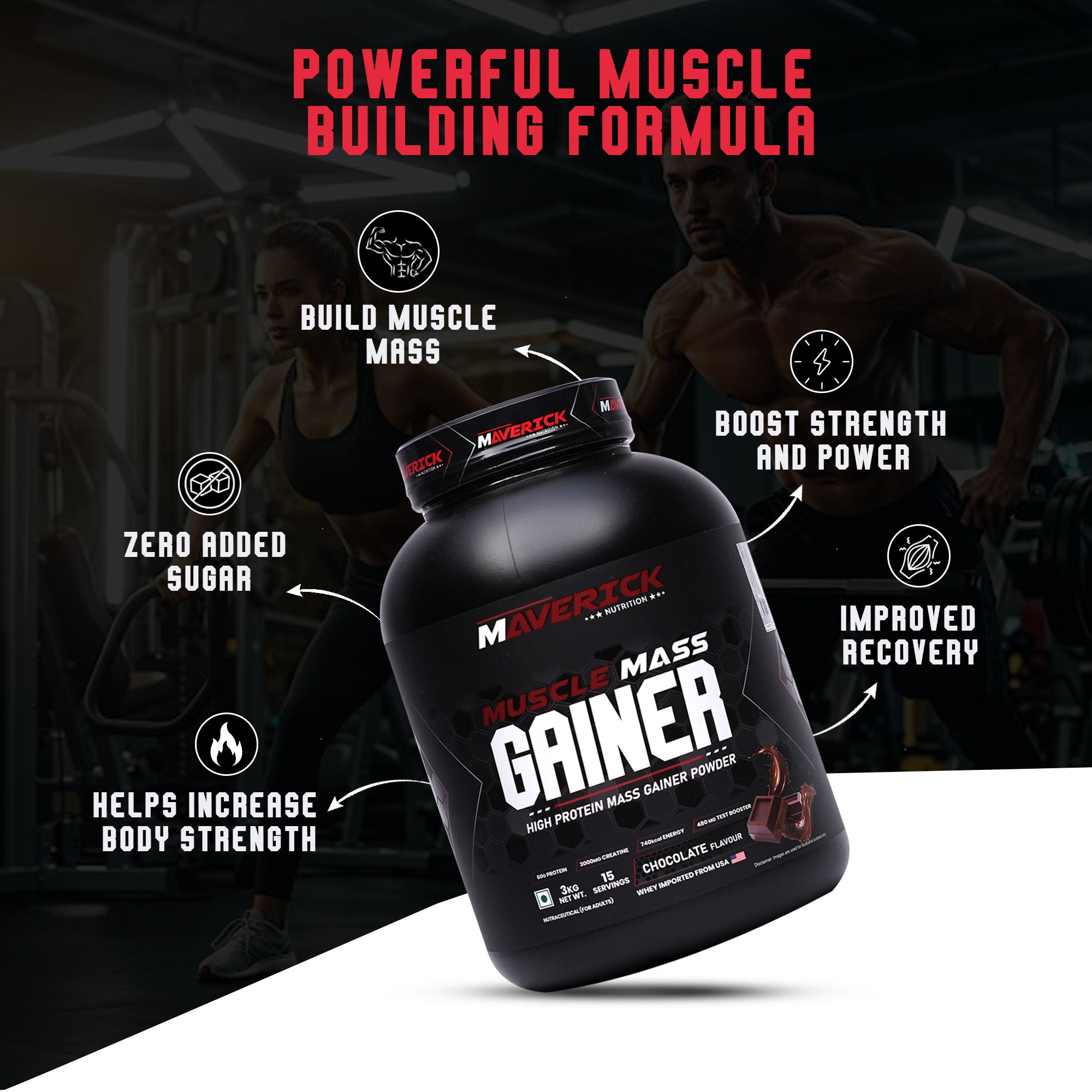 Maverick Nutrition Muscle Mass Gainer (15 Servings, 3kg) | Chocolate Flavour | High Protein Mass Gainer Powder
