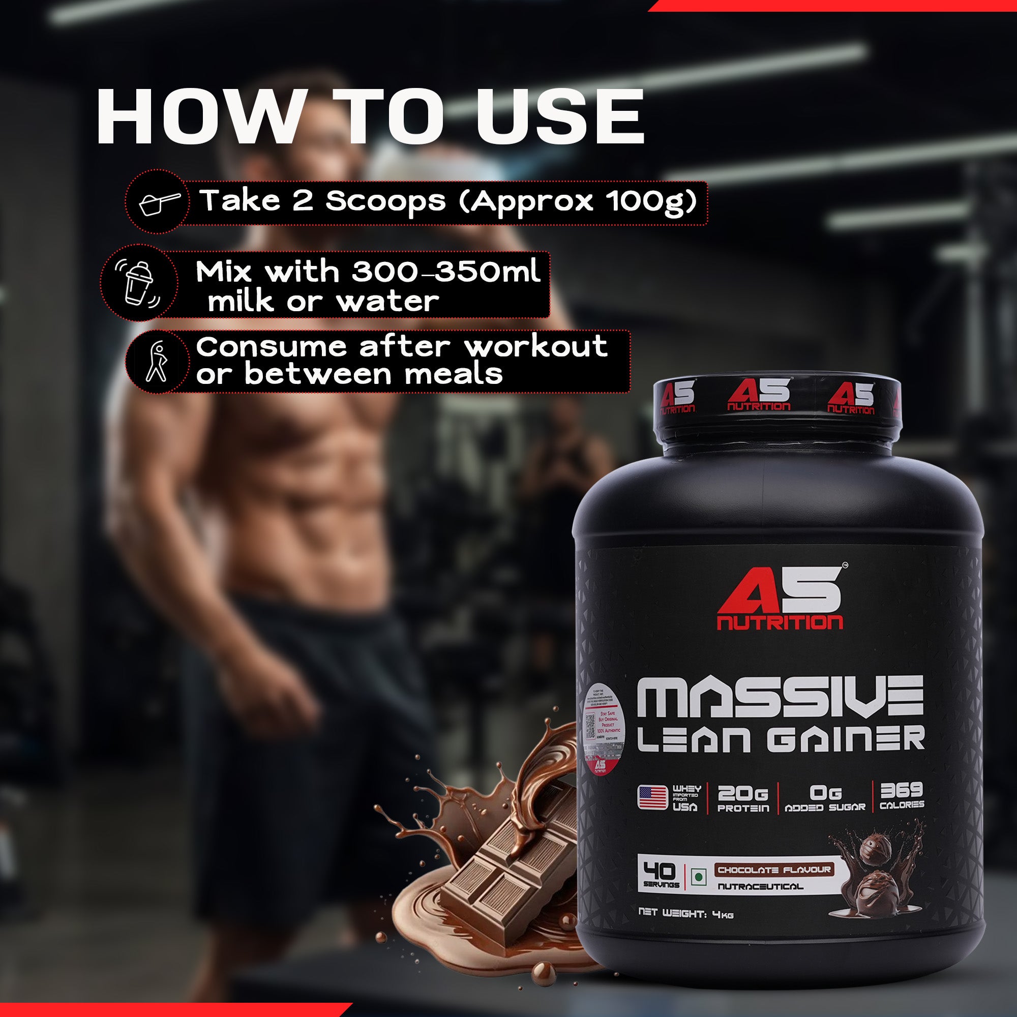 A5 Nutrition Massive Lean Gainer (40 Servings, 4kg) | Chocolate Flavour