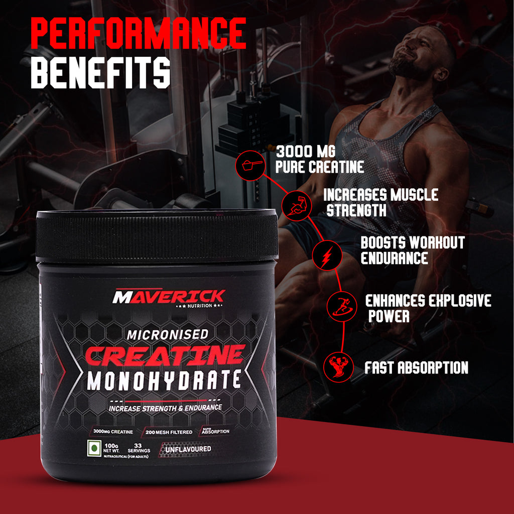 Maverick Nutrition Micronised Creatine Monohydrate (100g | 33 Servings) | Unflavoured | 3000 mg Creatine per Serving