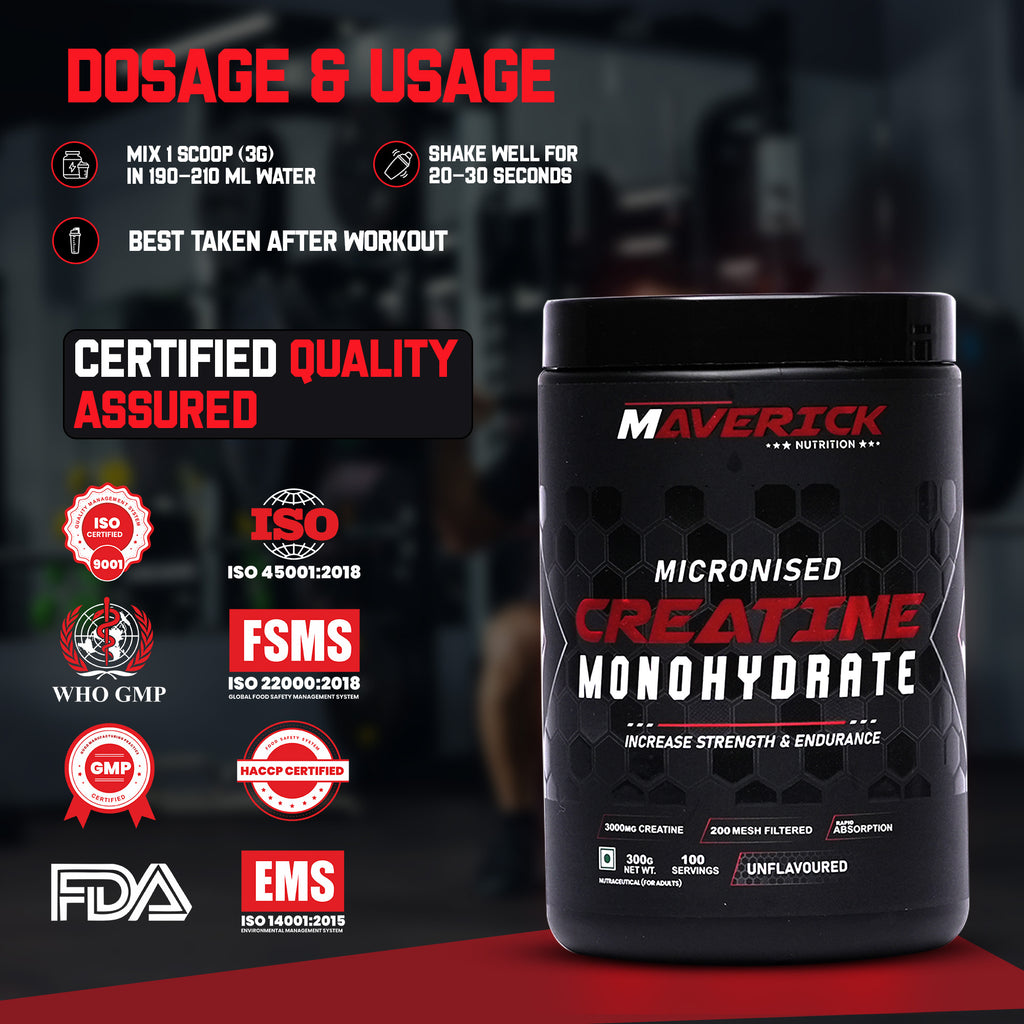 Maverick Nutrition Micronised Creatine Monohydrate (300g | 100 Servings) | Unflavoured | 3000 mg Creatine per Serving