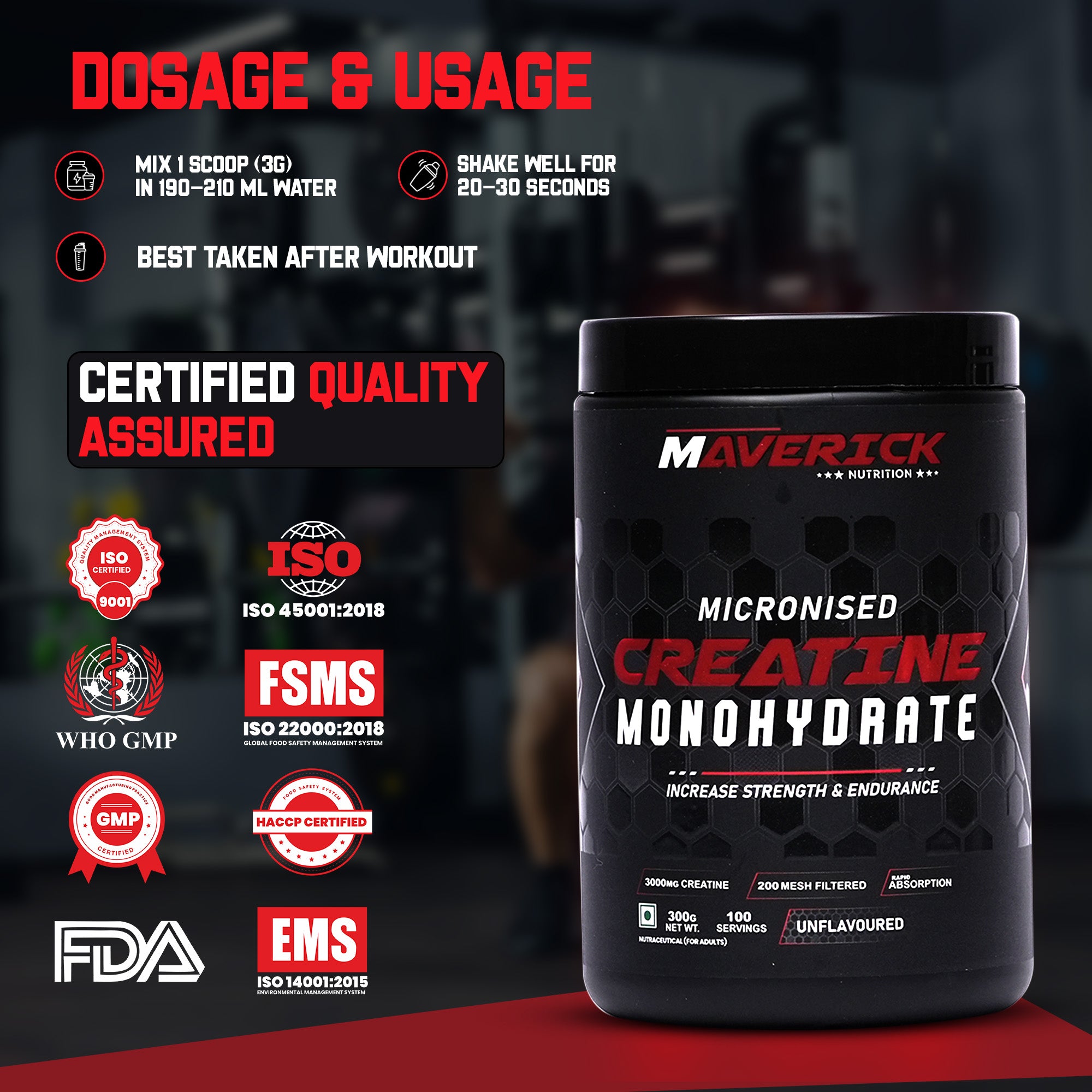 Maverick Nutrition Micronised Creatine Monohydrate (300g | 100 Servings) | Unflavoured | 3000 mg Creatine per Serving