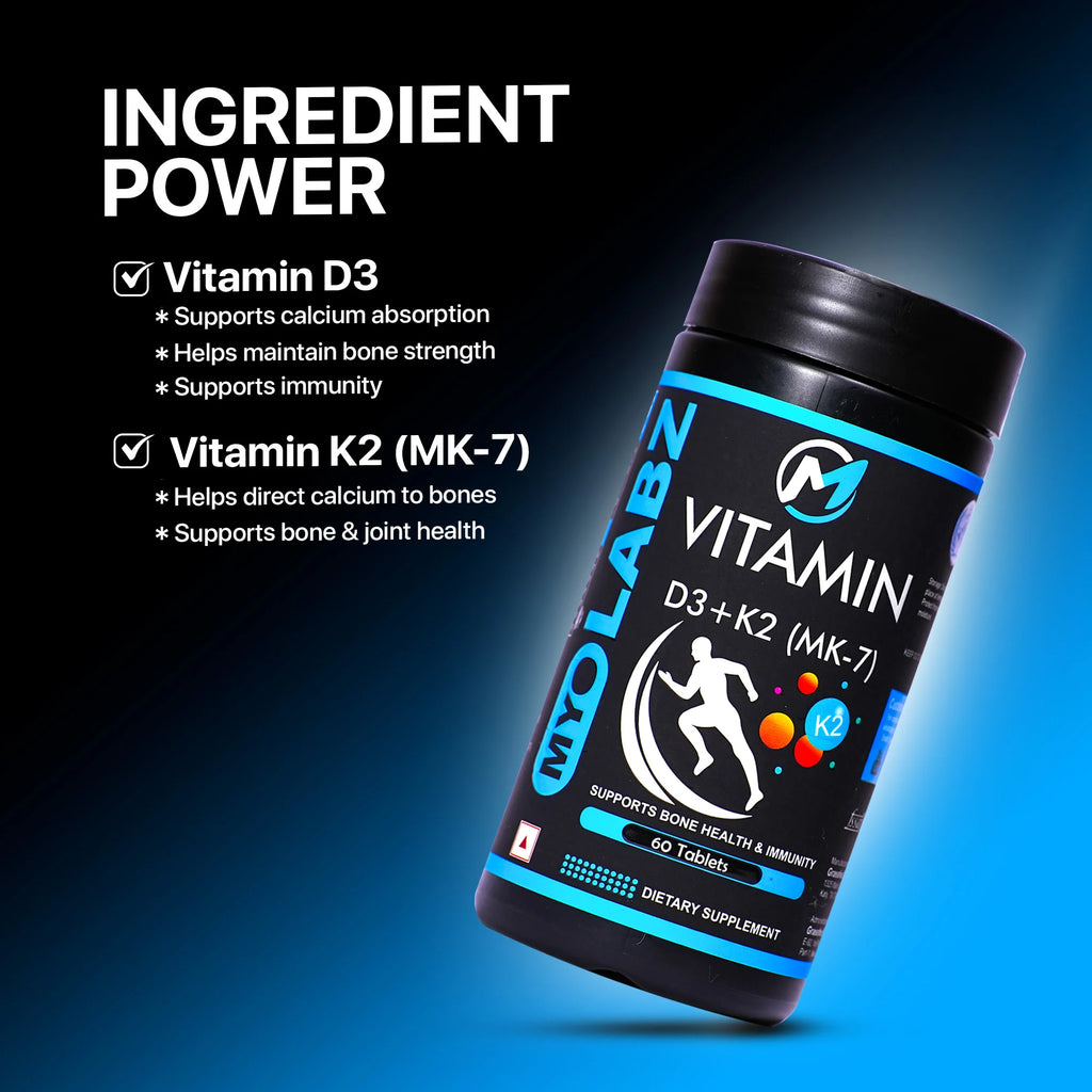 Myolabz Vitamin D3 + K2 (MK-7) Tablets (60 Tablets) | Bone Health & Immunity Support