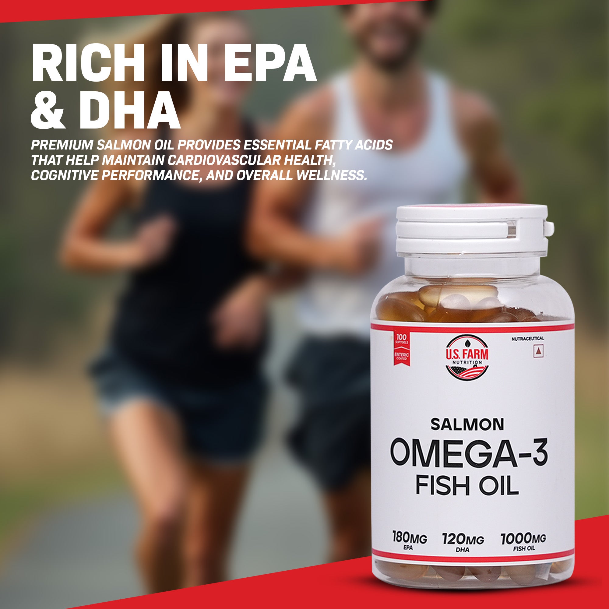 U.S. Farm Salmon Omega-3 Fish Oil (100 Softgels, 1000mg) | EPA 180mg & DHA 120mg