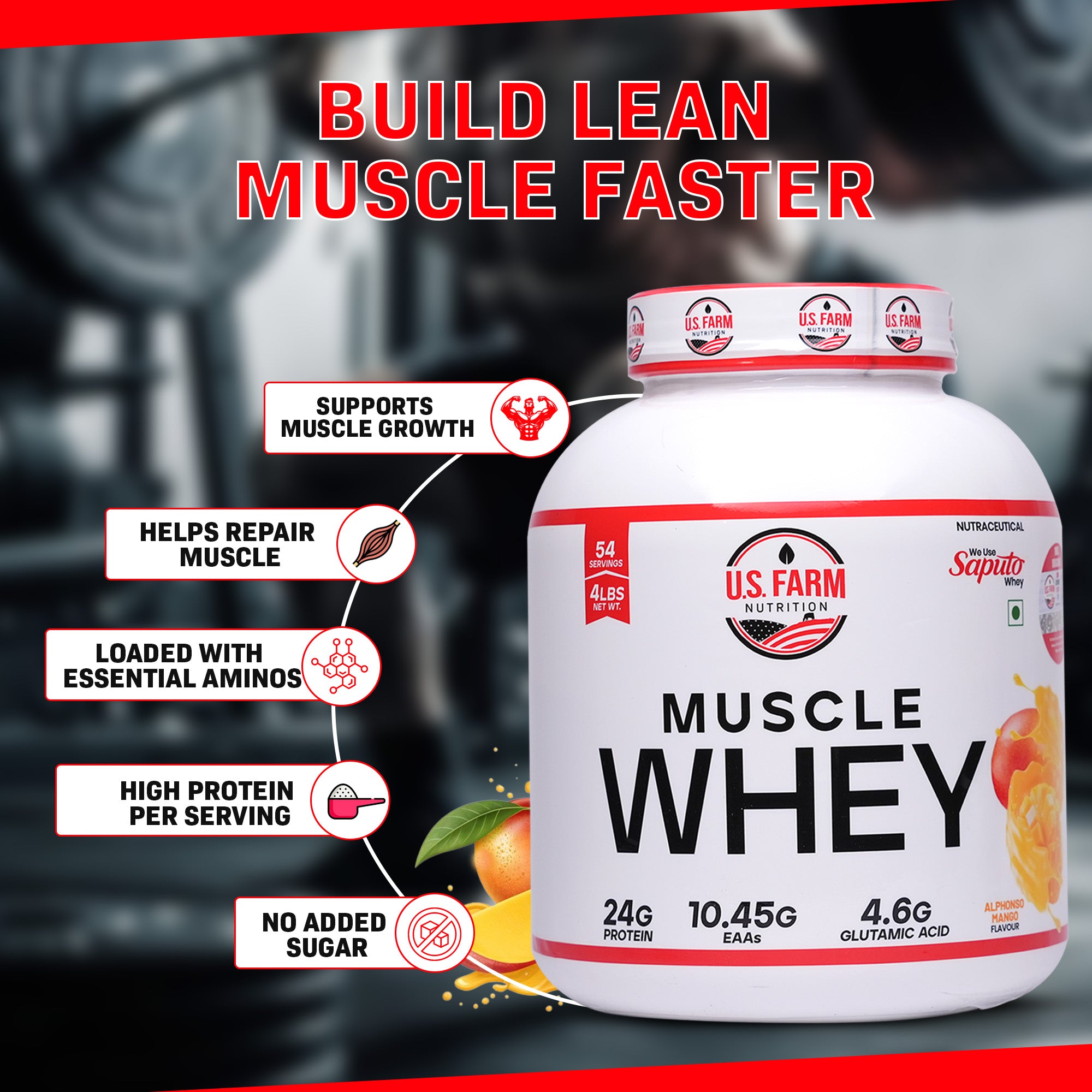 U.S. Farm Muscle Whey Protein (54 Servings, 4 lbs) | Alphonso Mango