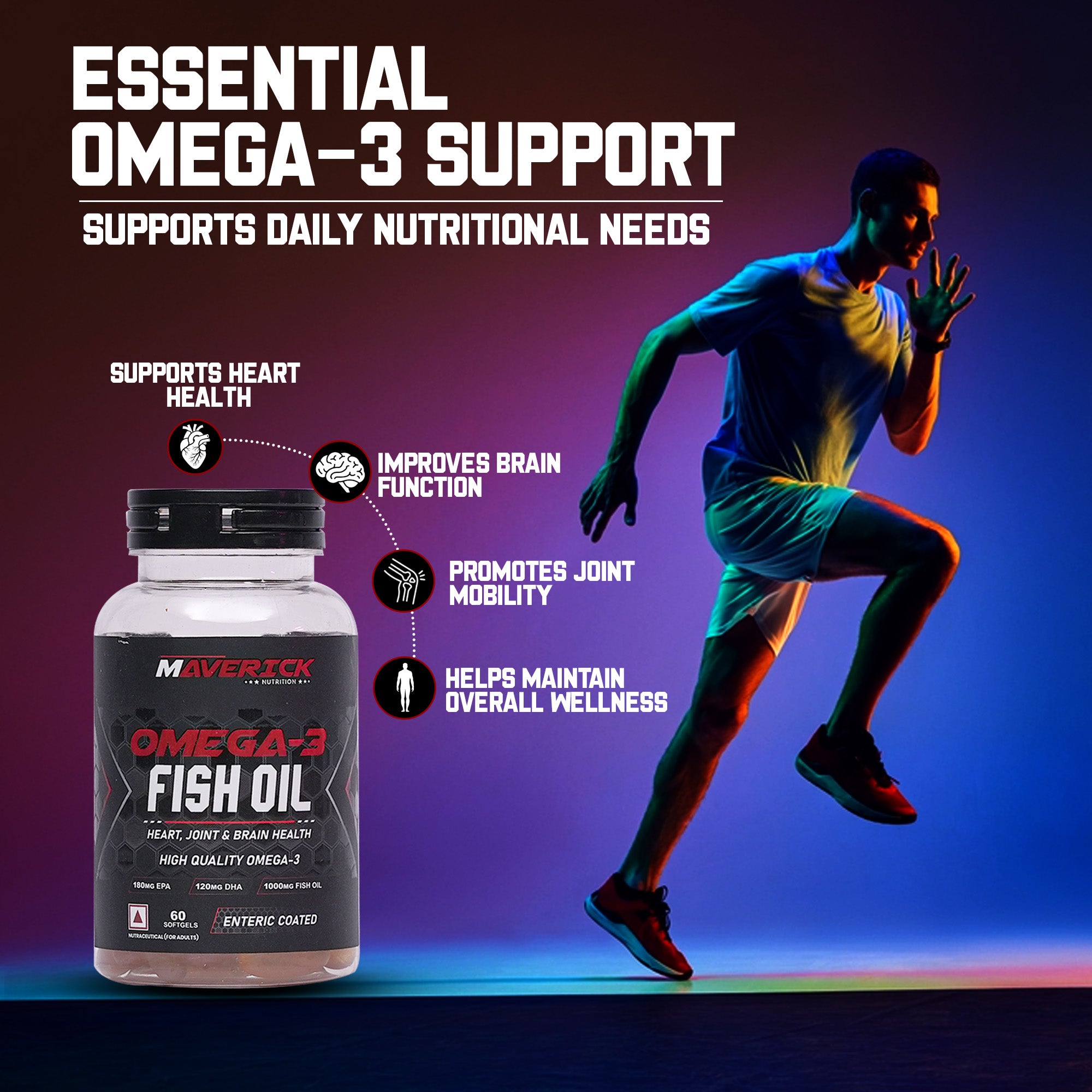 Maverick Nutrition Omega-3 Fish Oil (60 Softgels) | 1000 mg Fish Oil | 180 mg EPA + 120 mg DHA | Enteric Coated
