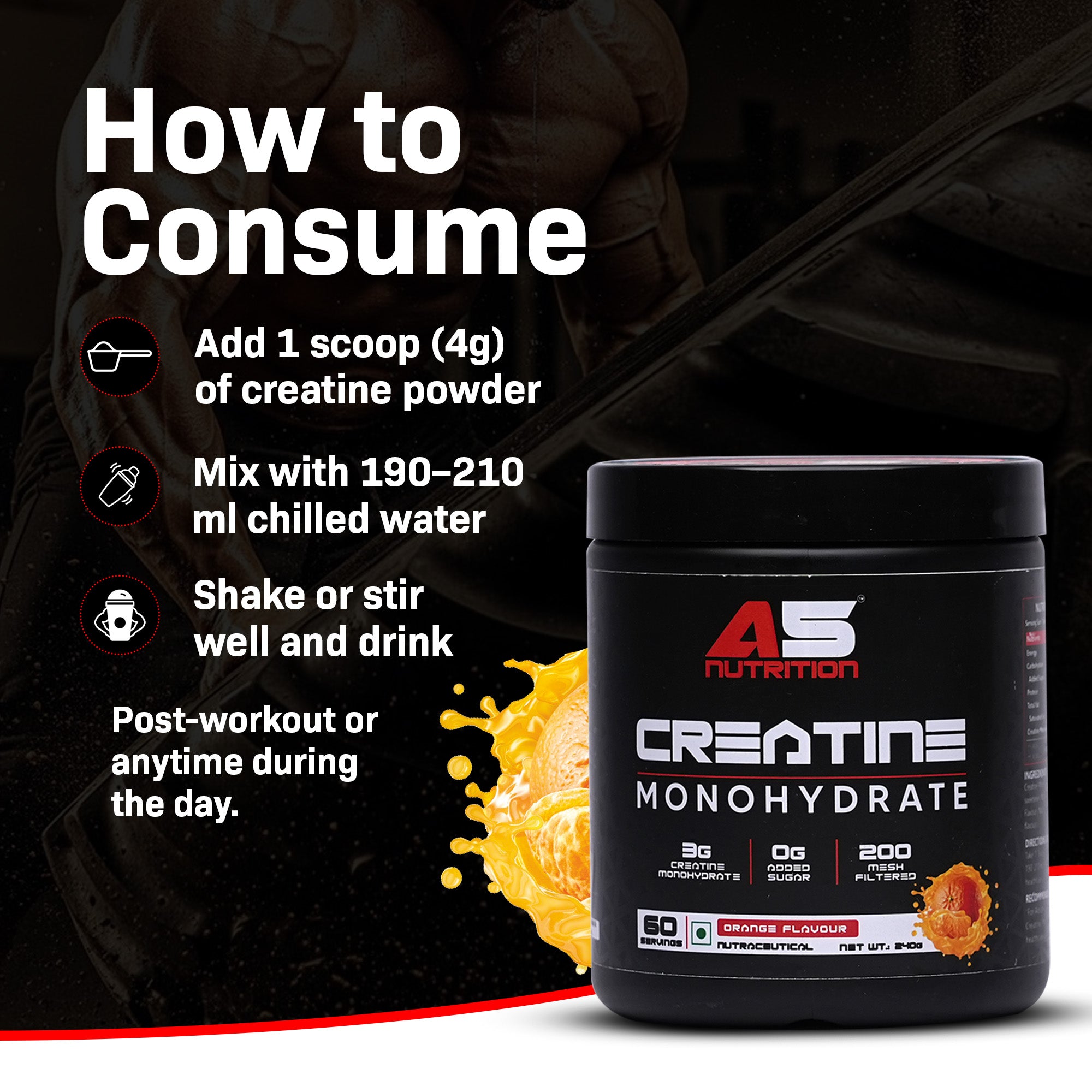 A5 Nutrition Creatine Monohydrate (60 Servings, 240g) | Orange, Watermelon & Blue Raspberry Flavours