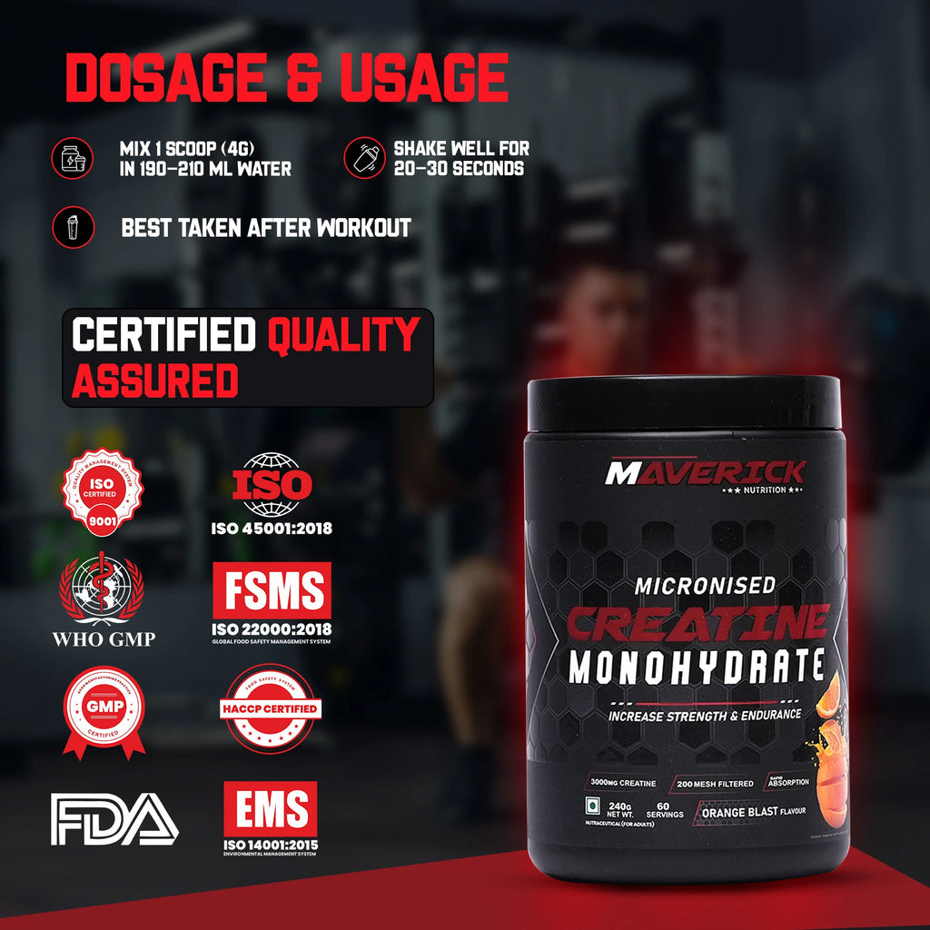 Maverick Micronised Creatine Monohydrate (60 Servings, 240g) | Orange Blast