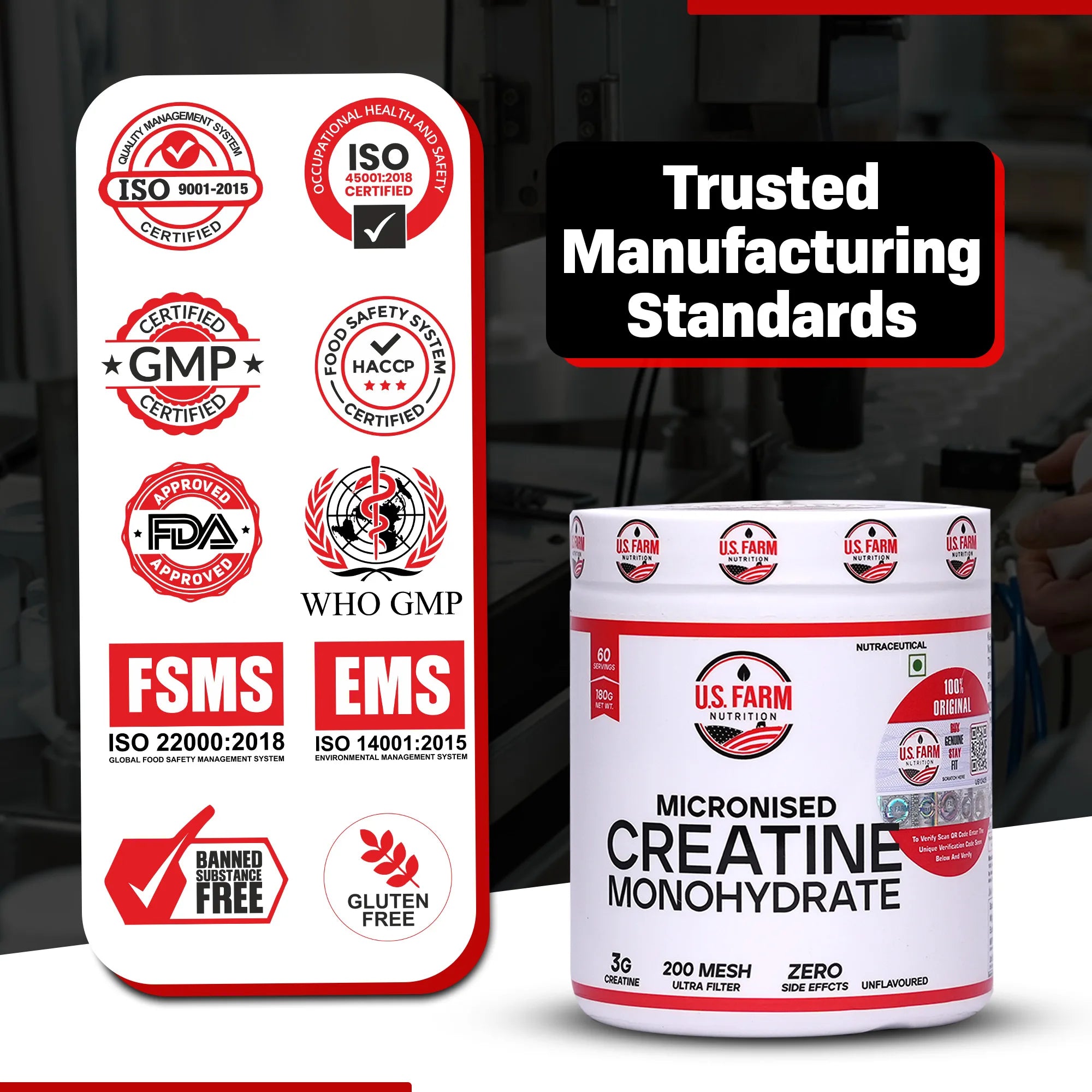 U.S. Farm Micronised Creatine Monohydrate (60 Servings, 180g) | Unflavoured