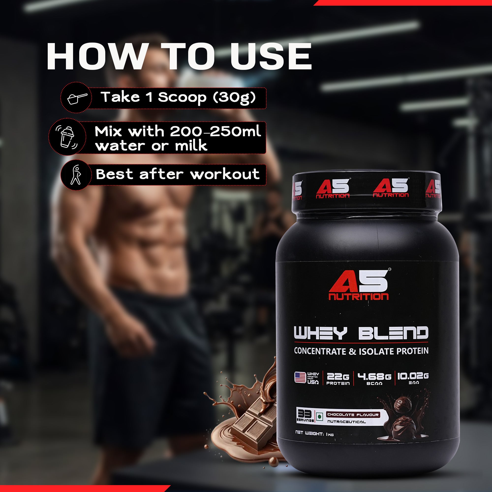 A5 Nutrition Whey Blend Protein (1 kg, 33 Servings) | Chocolate Flavour | Whey Concentrate & Isolate