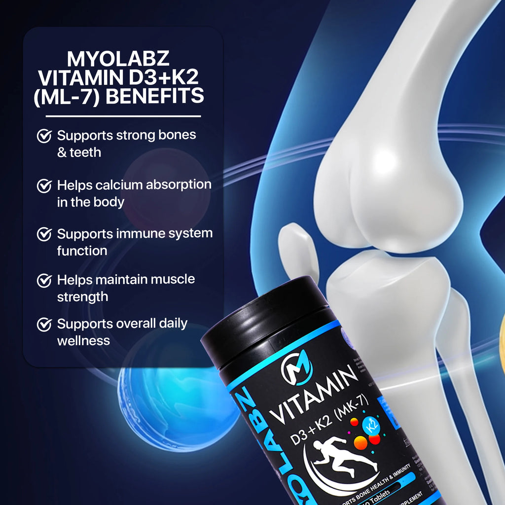 Myolabz Vitamin D3 + K2 (MK-7) Tablets (60 Tablets) | Bone Health & Immunity Support