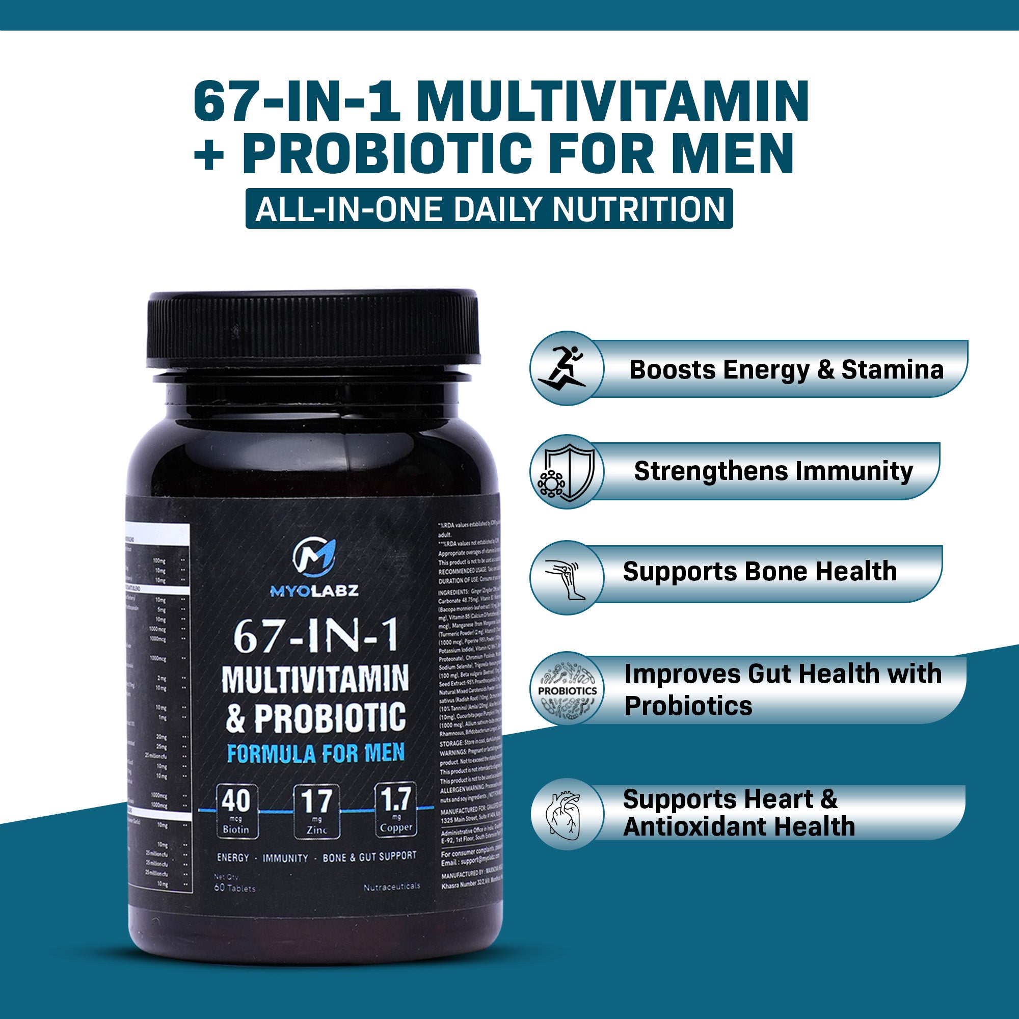 Myolabz 67-In-1 Multivitamin & Probiotic Formula for Men (60 Tablets)