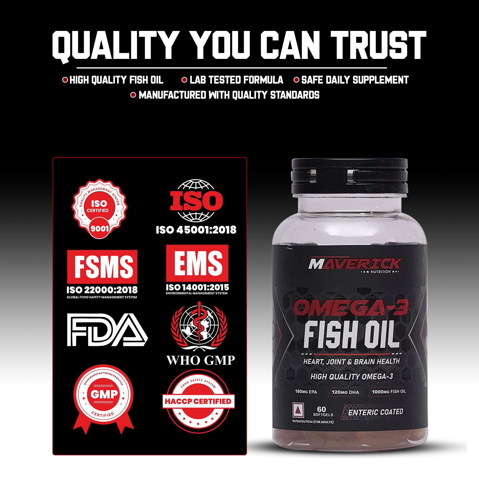 Maverick Nutrition Omega-3 Fish Oil (60 Softgels) | 1000 mg Fish Oil | 180 mg EPA + 120 mg DHA | Enteric Coated