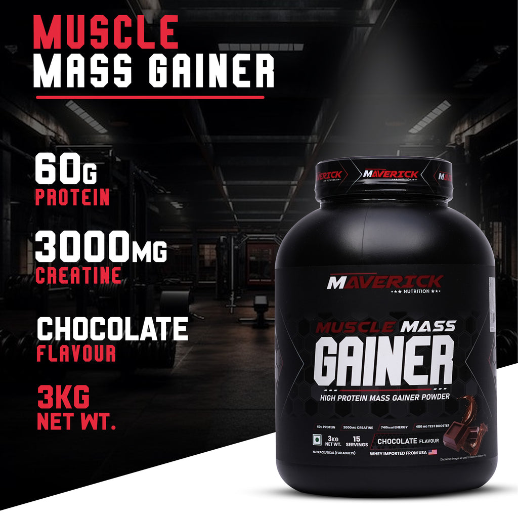 Maverick Nutrition Muscle Mass Gainer (15 Servings, 3kg) | Chocolate Flavour | High Protein Mass Gainer Powder