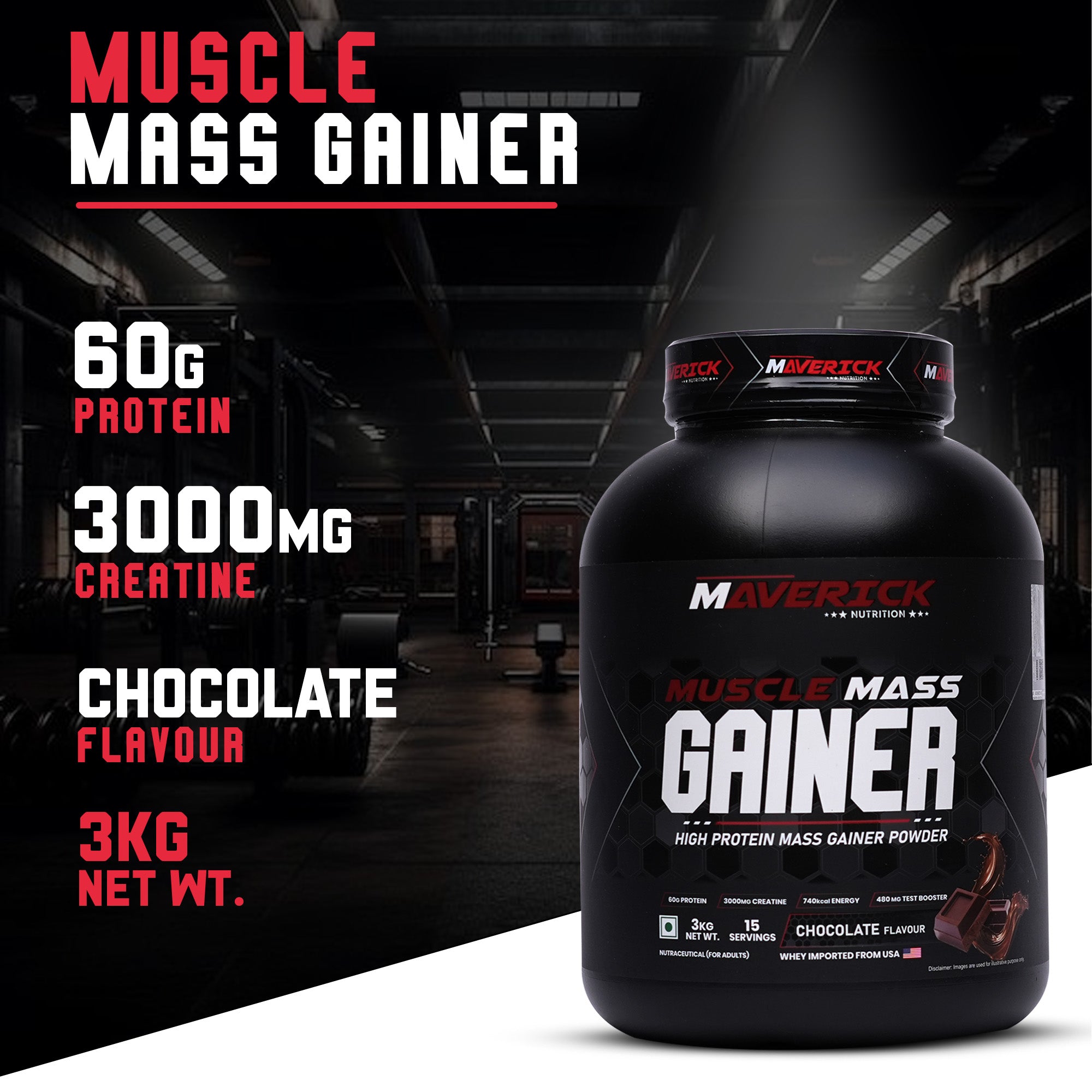 Maverick Nutrition Muscle Mass Gainer (15 Servings, 3kg) | Chocolate Flavour | High Protein Mass Gainer Powder